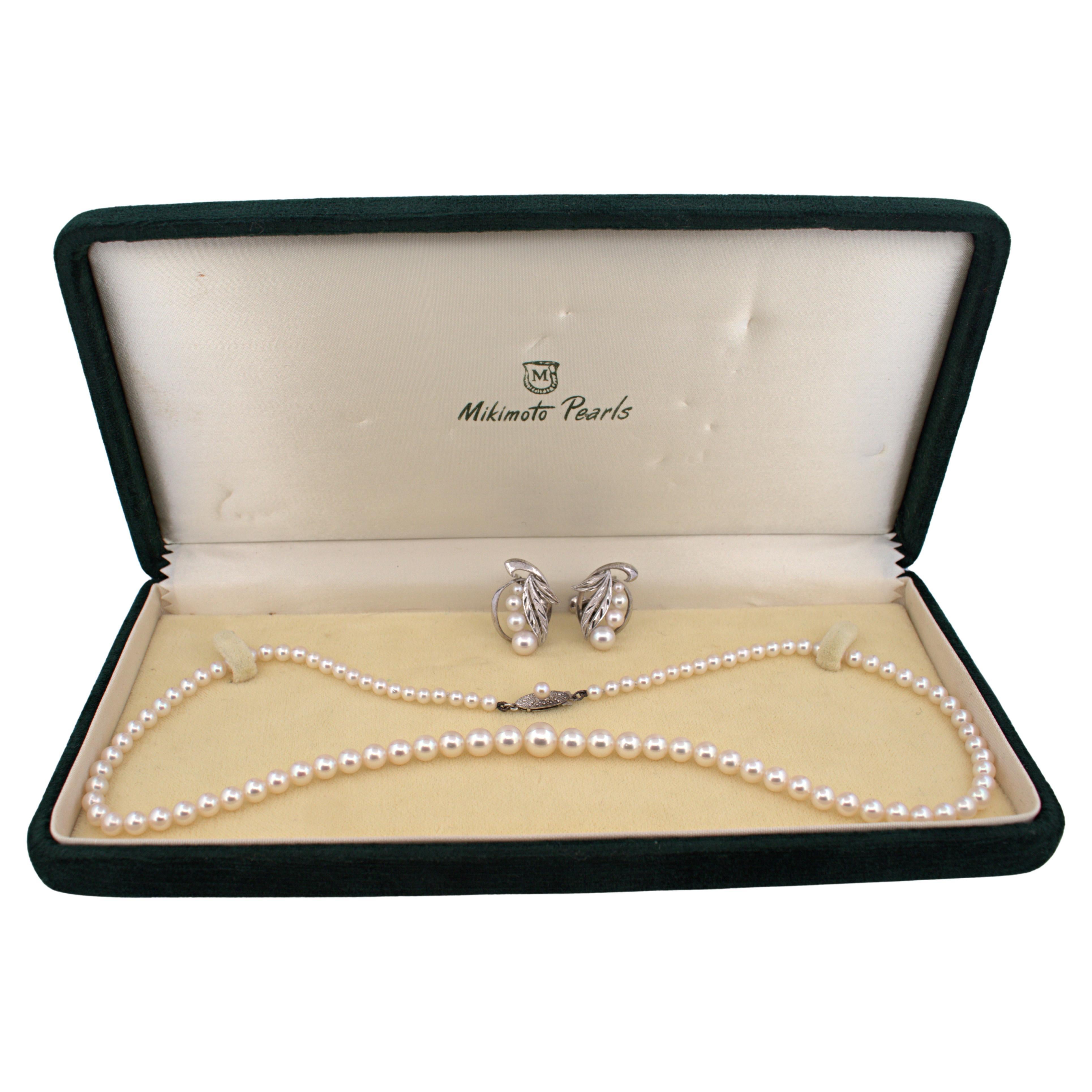 Mikimoto Cultured Pearl, Silver Necklace and Earrings Suite For Sale