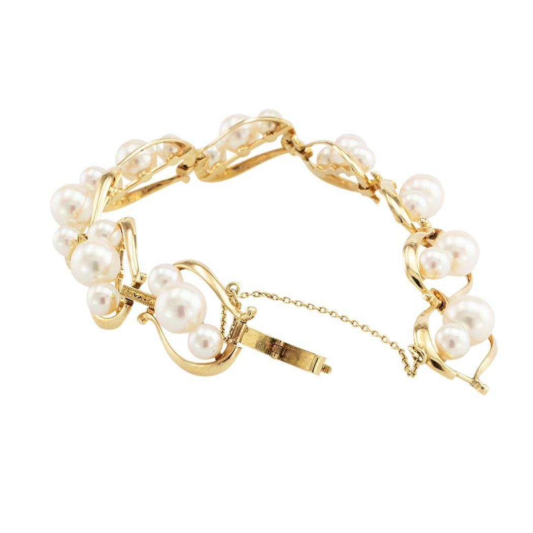 Modern Mikimoto Cultured Pearl Yellow Gold Link Bracelet