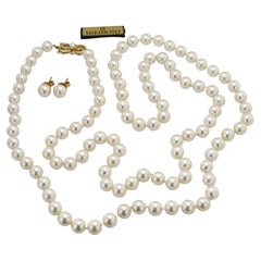 Mikimoto Cultured Pearl, Yellow Gold Necklace and Earrings Suite