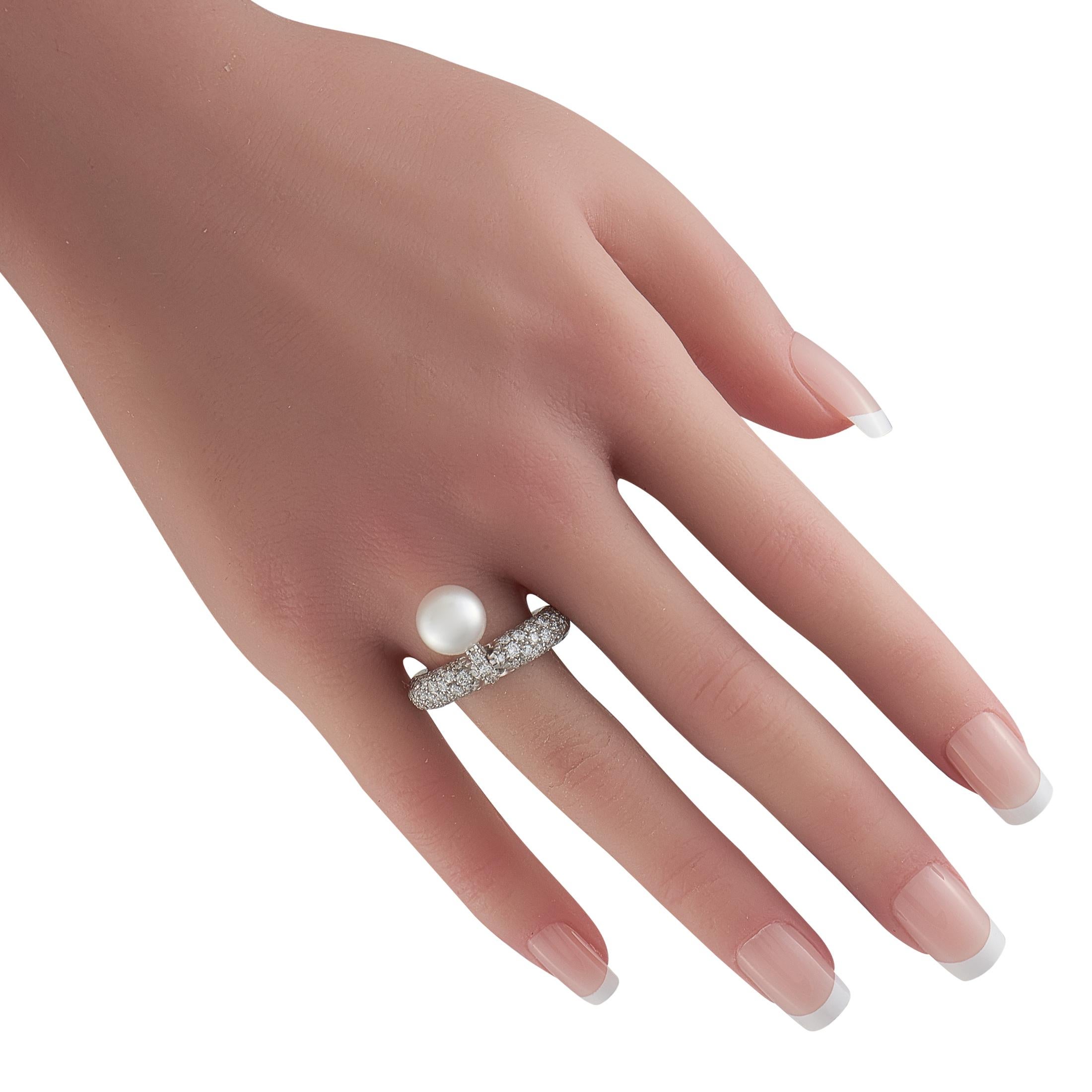 Round Cut Mikimoto Delo 18K White Gold 1.70ct Diamond and Pearl Ring For Sale