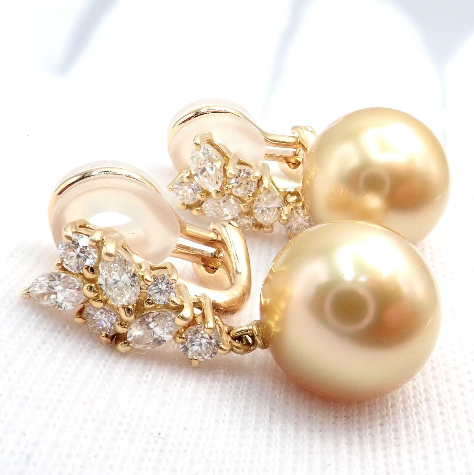 Brilliant Cut Mikimoto Diamond 11.5mm Golden South Sea Pearl Yellow Gold Earrings