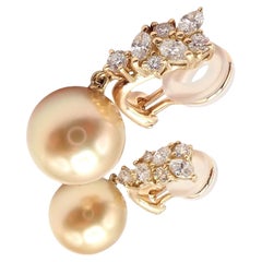 Vintage Mikimoto Diamond 11.5mm Golden South Sea Pearl Yellow Gold Earrings