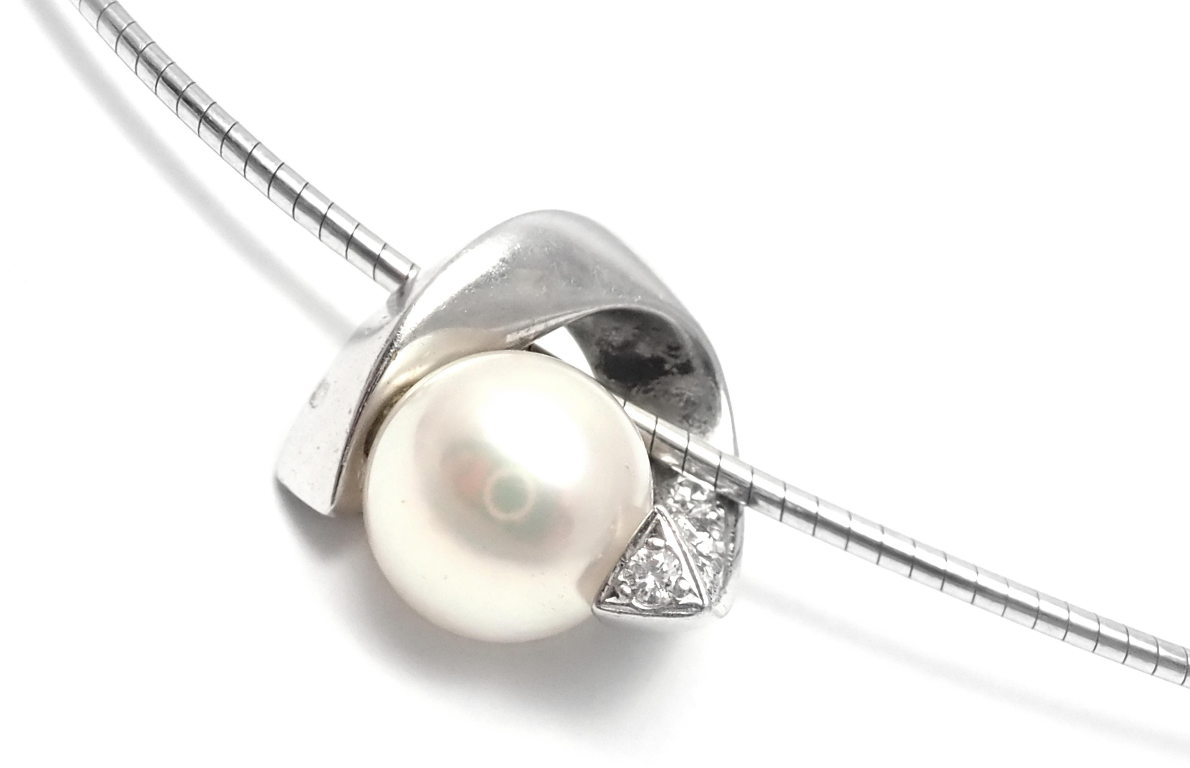 Platinum Diamond Akoya Cultured Pearl Pendant and White Gold Chain Necklace by Mikimoto. 
With Round brilliant cut diamonds
1 X 8.6mm Akoya Cultured Pearl.
Details: 
Length: 16