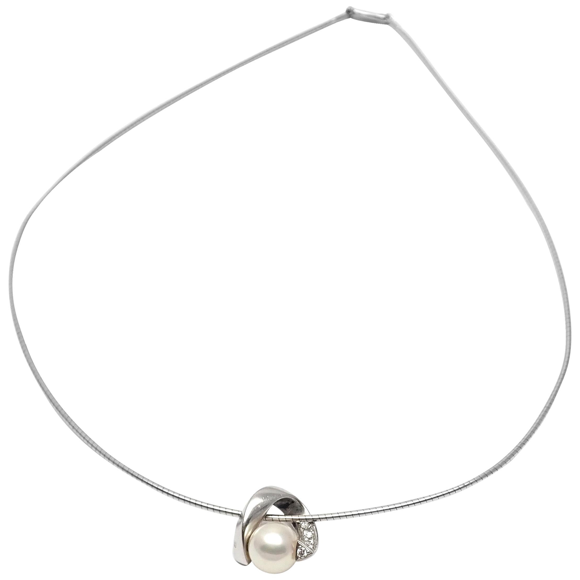 Mikimoto Diamond Akoya Cultured Pearl Platinum Pendant White Gold Chain Necklace For Sale