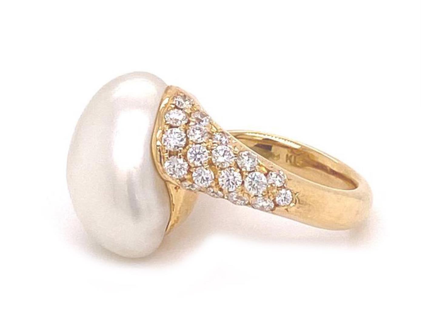 Modern Mikimoto Diamond Akoya Pearl 18k Yellow Gold Ring For Sale