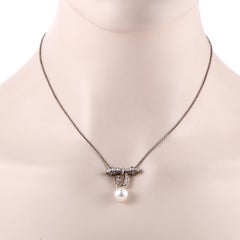 Mikimoto Diamond and White Pearl Bow White Gold and Black Rhodium Pendant