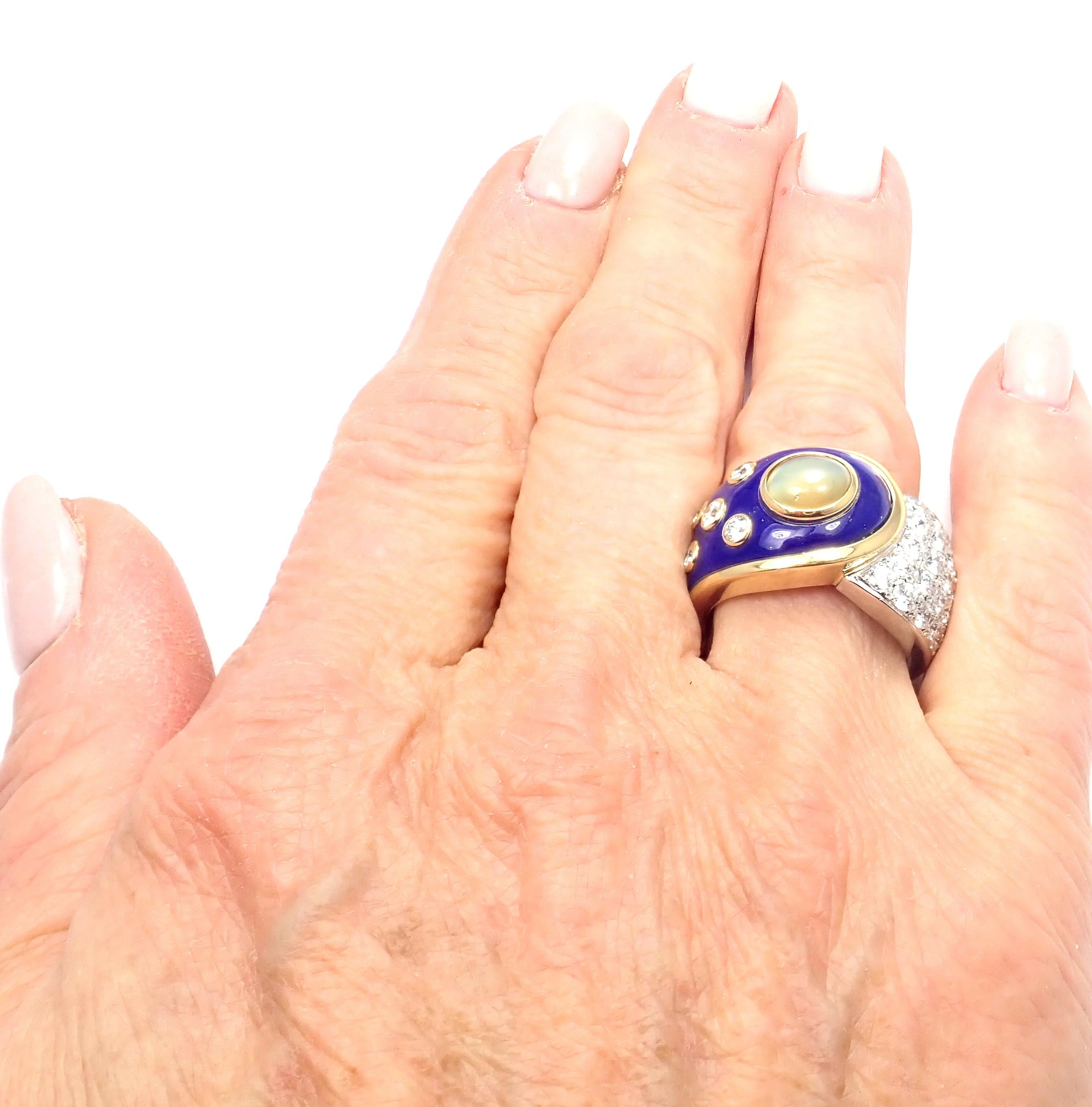 Mikimoto Diamond Cats Eye Blue Enamel Platinum and White Gold Band Ring For Sale 1