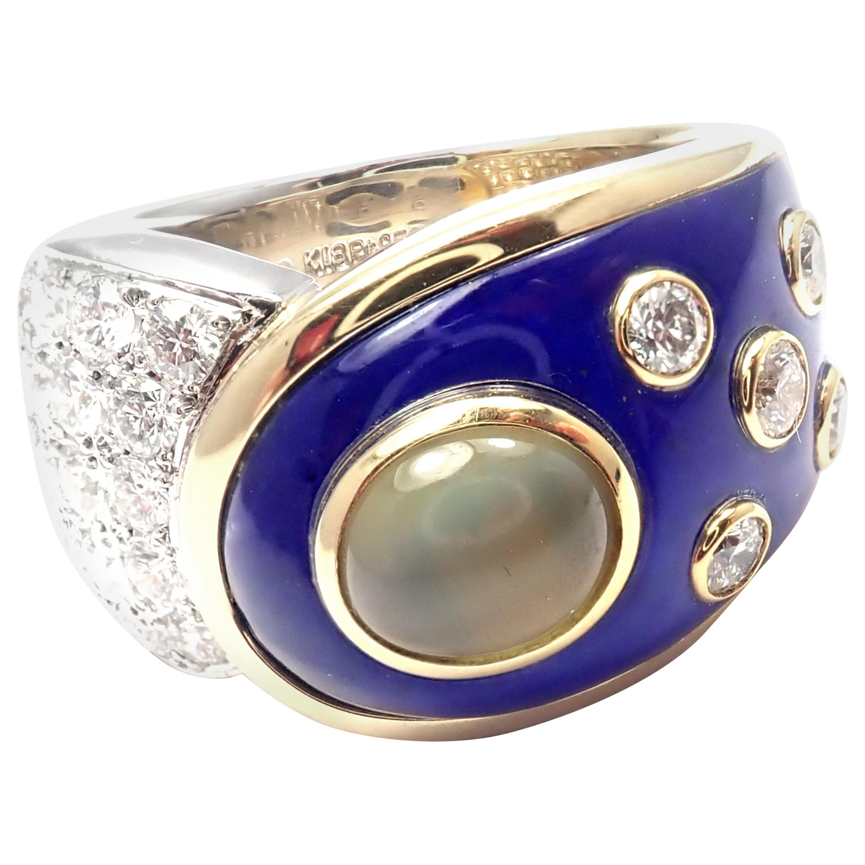Mikimoto Diamond Cats Eye Blue Enamel Platinum and White Gold Band Ring For Sale