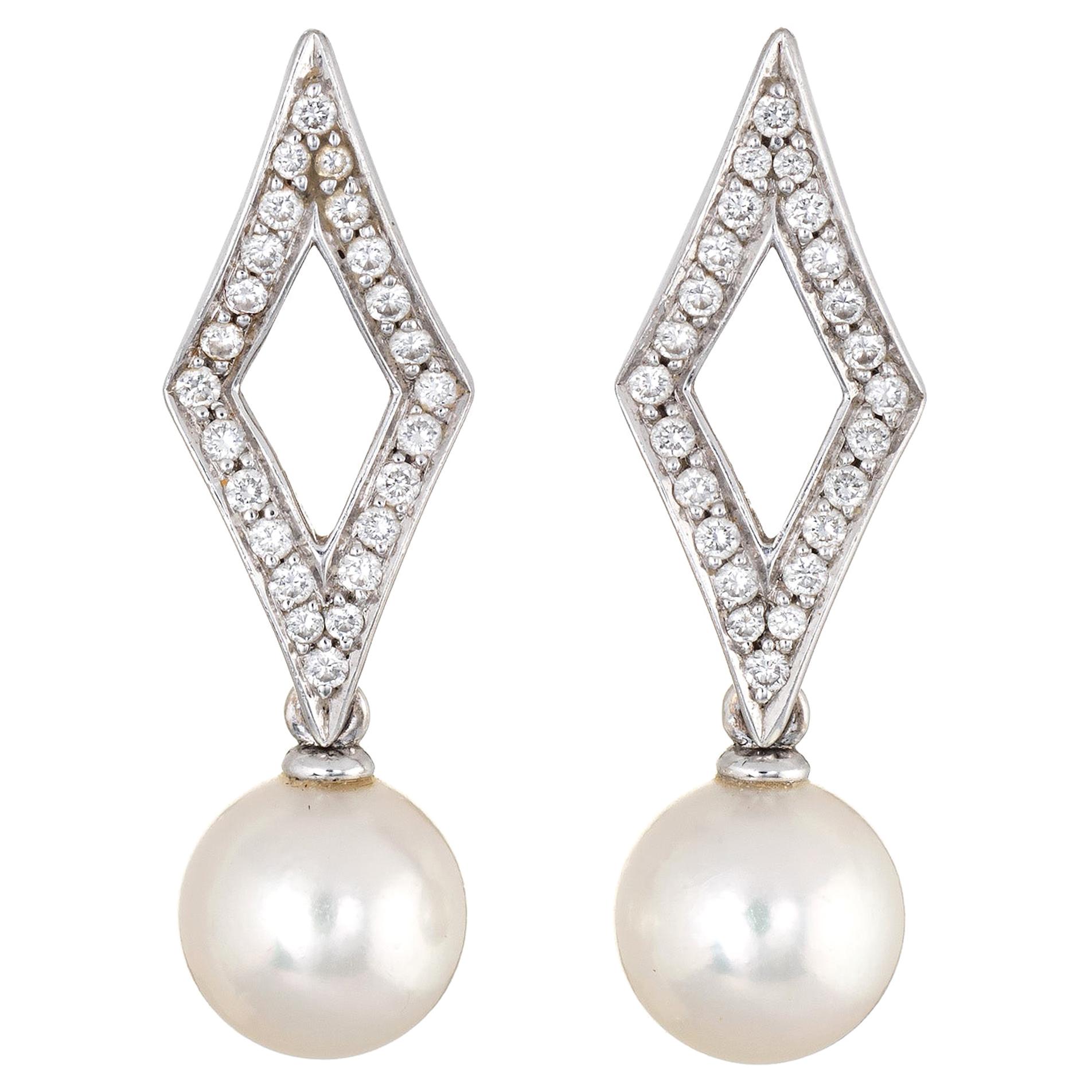 Mikimoto Diamond Cultured Akoya Pearl Earrings 18 Karat Gold Estate Triangle