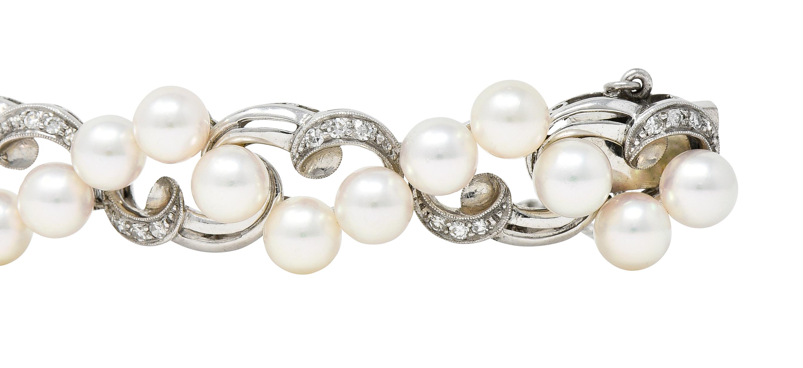Mikimoto Diamond Cultured Pearl 14 Karat White Gold Scrolling Ribbon Bracelet 4