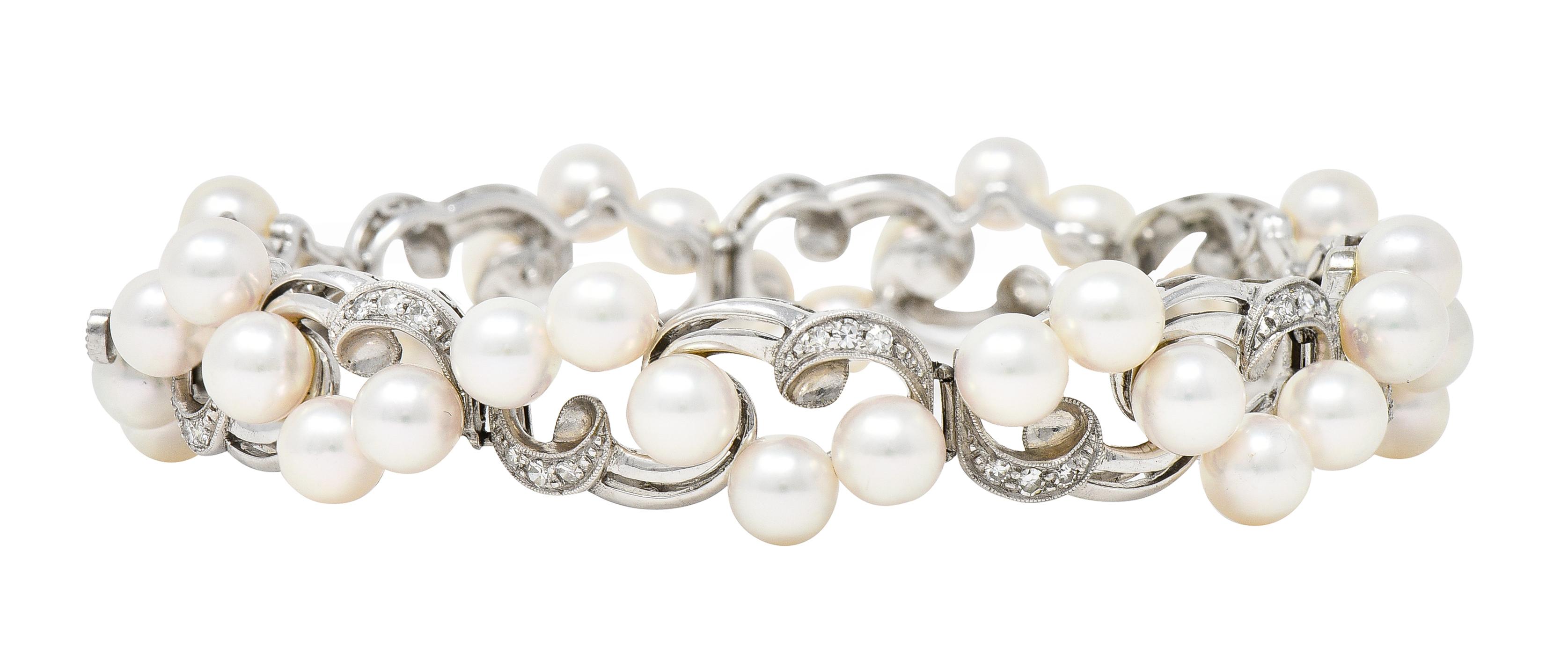 Retro Mikimoto Diamond Cultured Pearl 14 Karat White Gold Scrolling Ribbon Bracelet