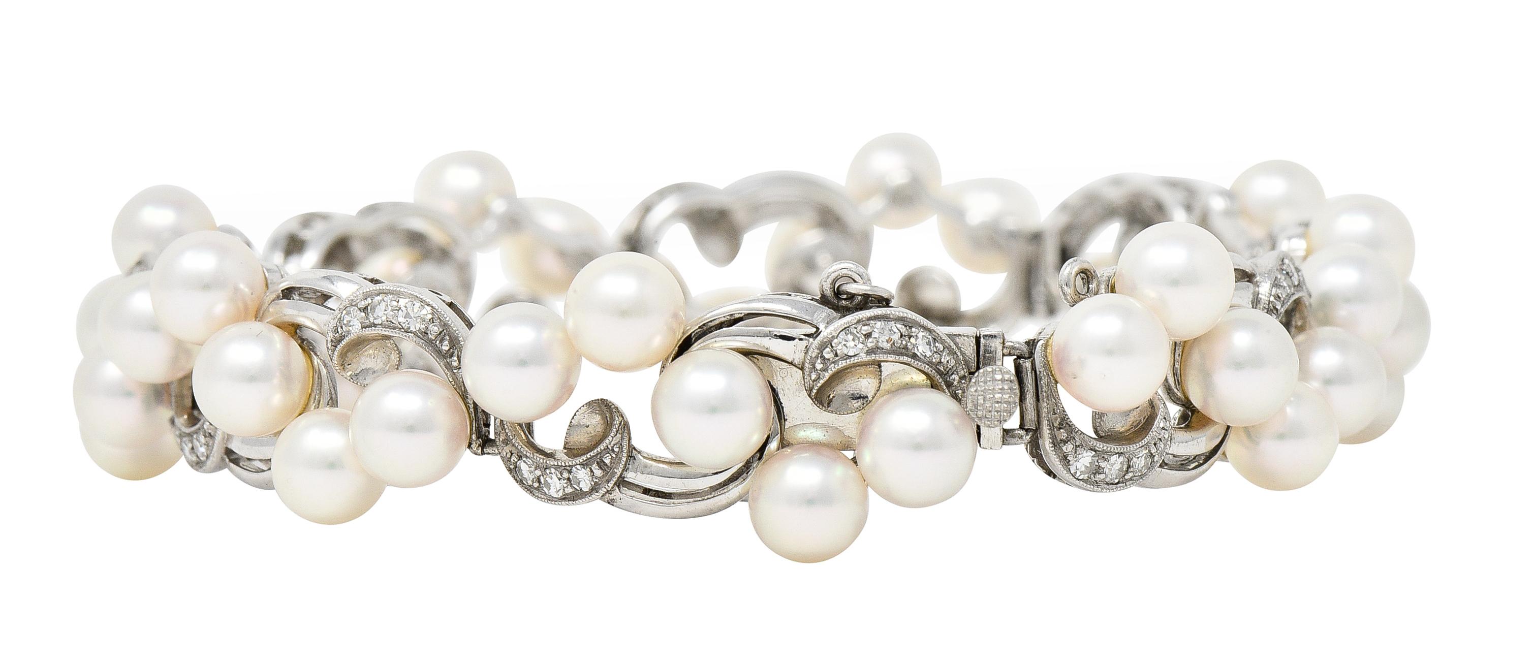 Single Cut Mikimoto Diamond Cultured Pearl 14 Karat White Gold Scrolling Ribbon Bracelet
