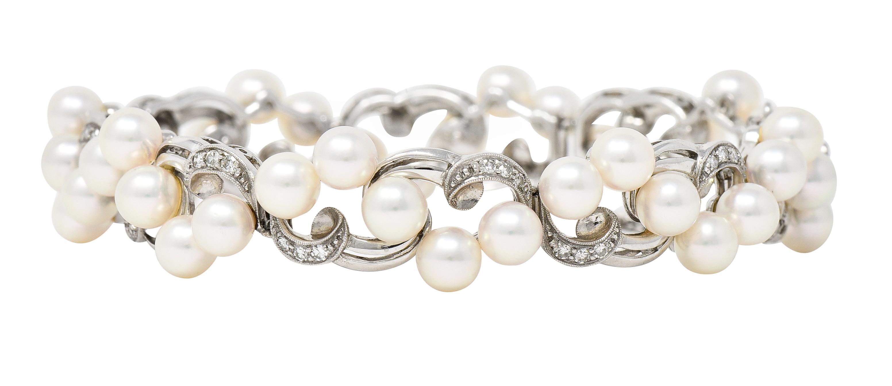 Mikimoto Diamond Cultured Pearl 14 Karat White Gold Scrolling Ribbon Bracelet In Excellent Condition In Philadelphia, PA