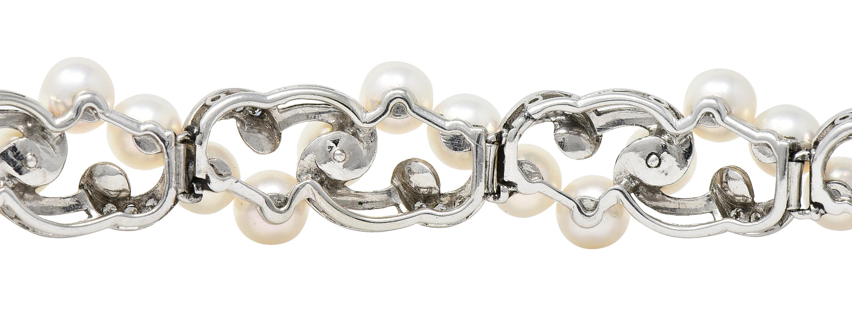 Women's or Men's Mikimoto Diamond Cultured Pearl 14 Karat White Gold Scrolling Ribbon Bracelet