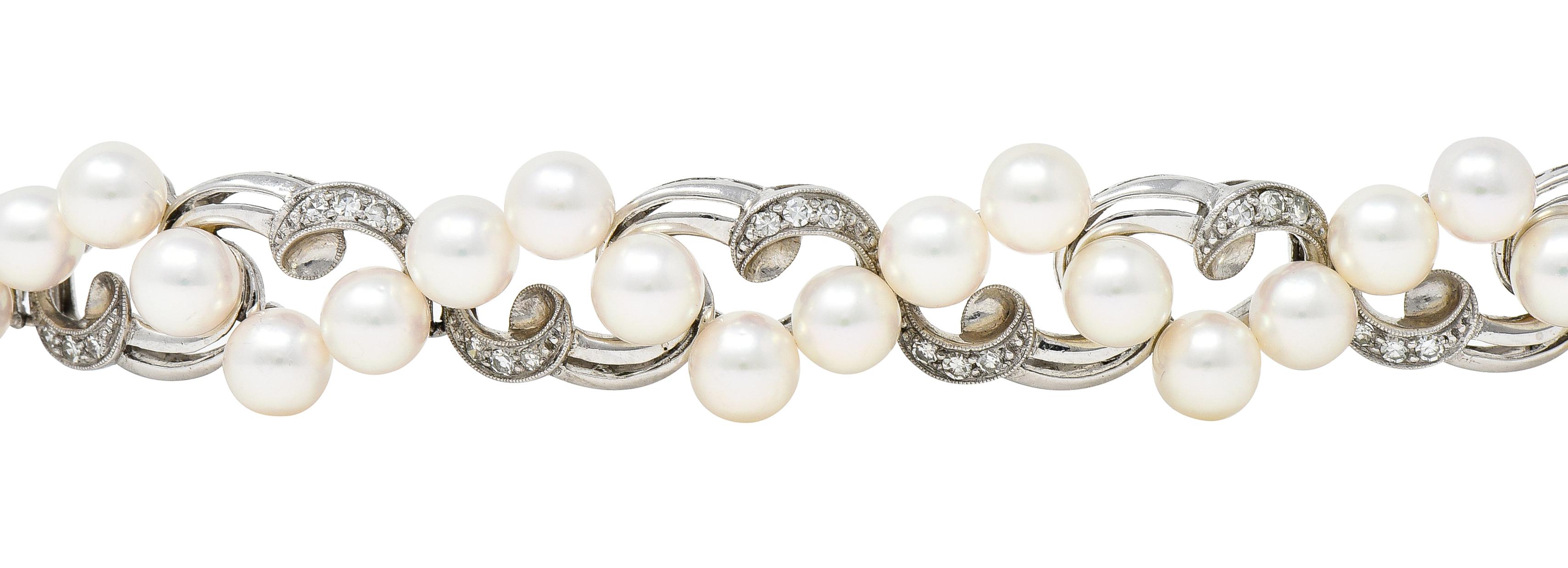 Mikimoto Diamond Cultured Pearl 14 Karat White Gold Scrolling Ribbon Bracelet 3