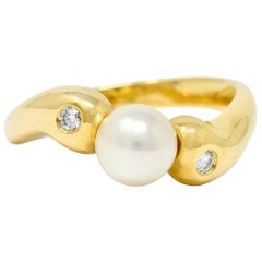 Mikimoto Diamond Cultured Pearl 18 Karat Gold Three-Stone Ring