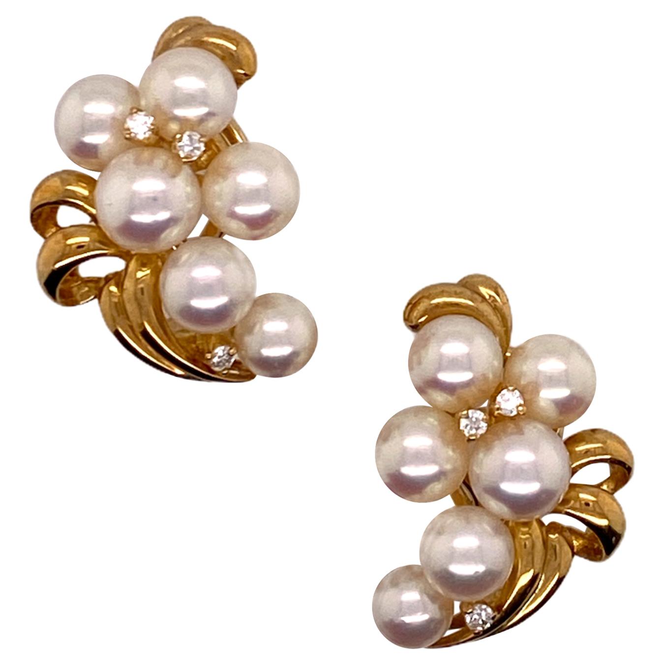 Mikimoto Diamond Cultured Pearl 18 Karat Yellow Gold Leverback Earrings