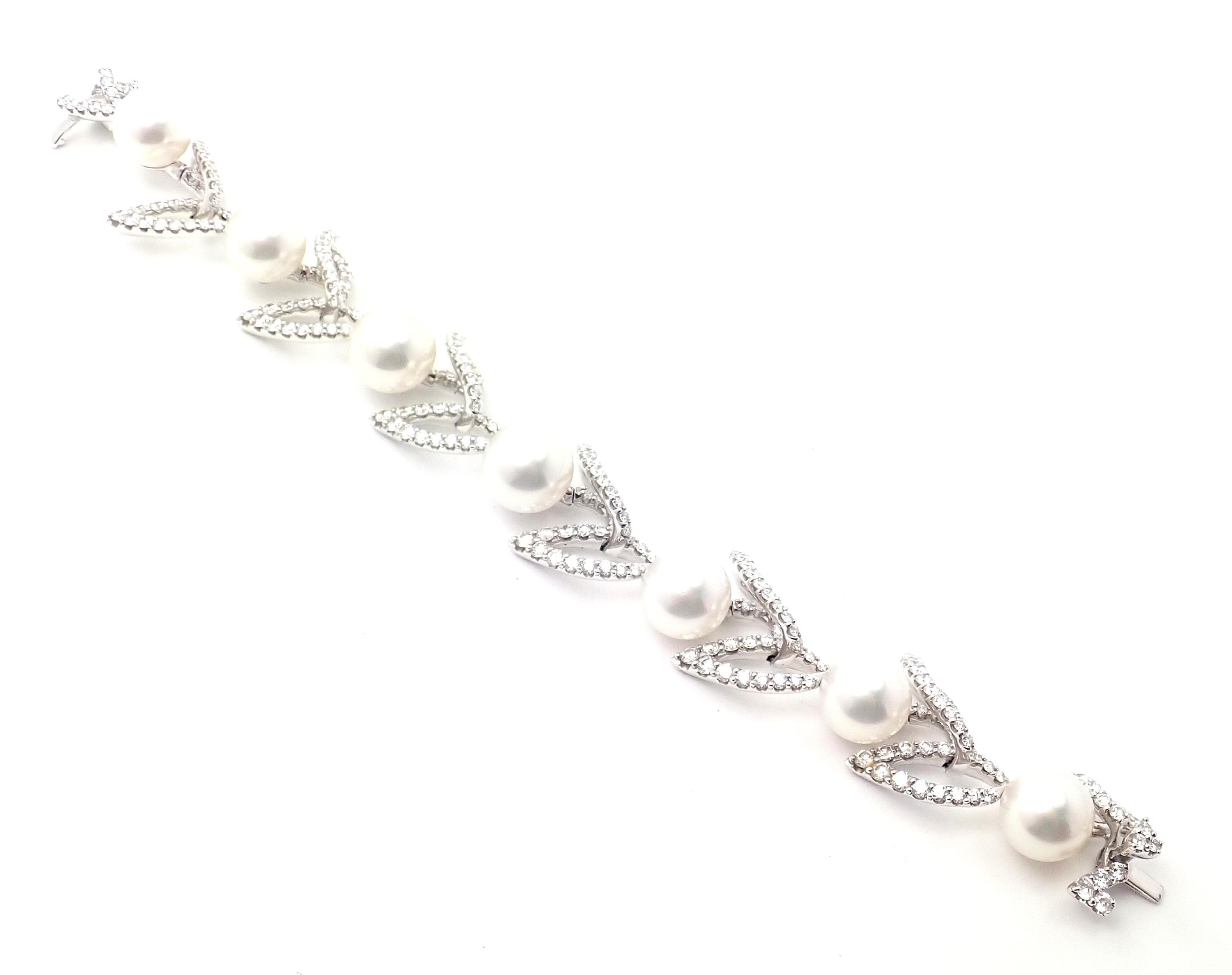 Brilliant Cut Mikimoto Diamond Cultured Pearl White Gold Link Bracelet For Sale