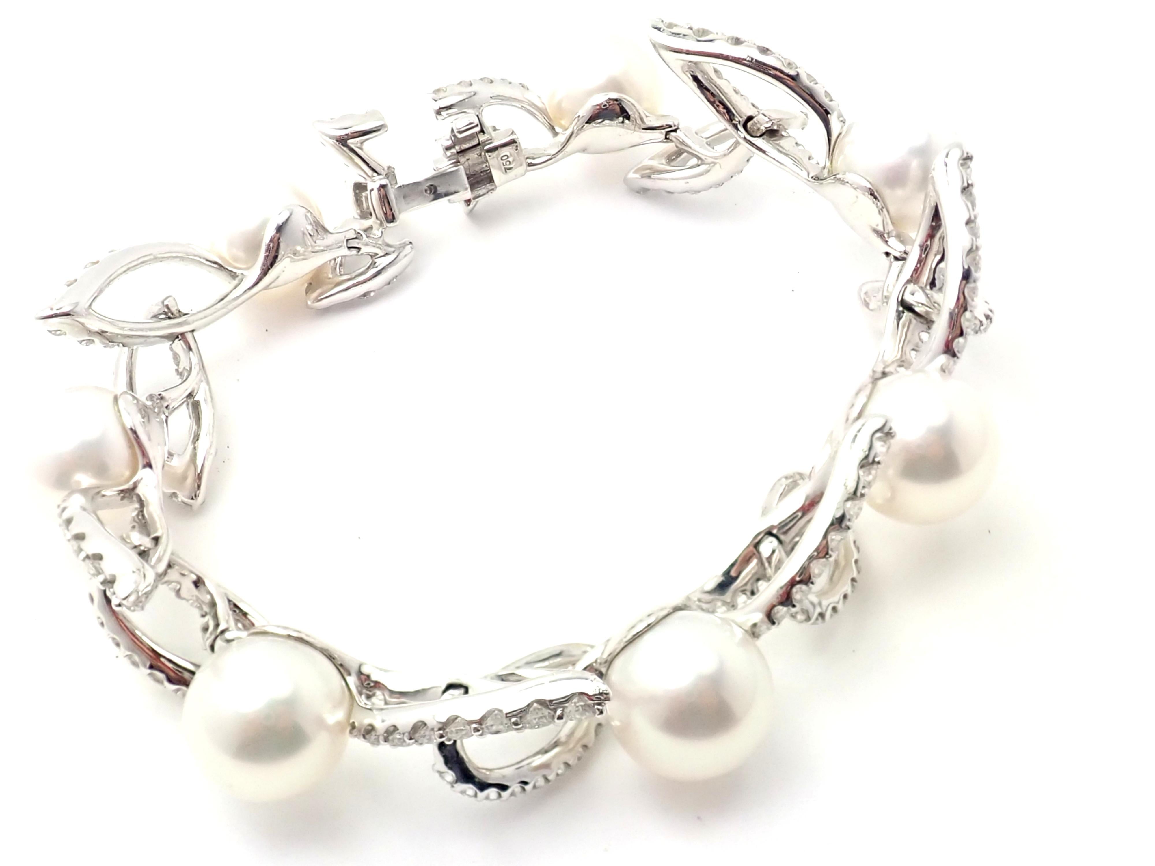 Women's or Men's Mikimoto Diamond Cultured Pearl White Gold Link Bracelet For Sale