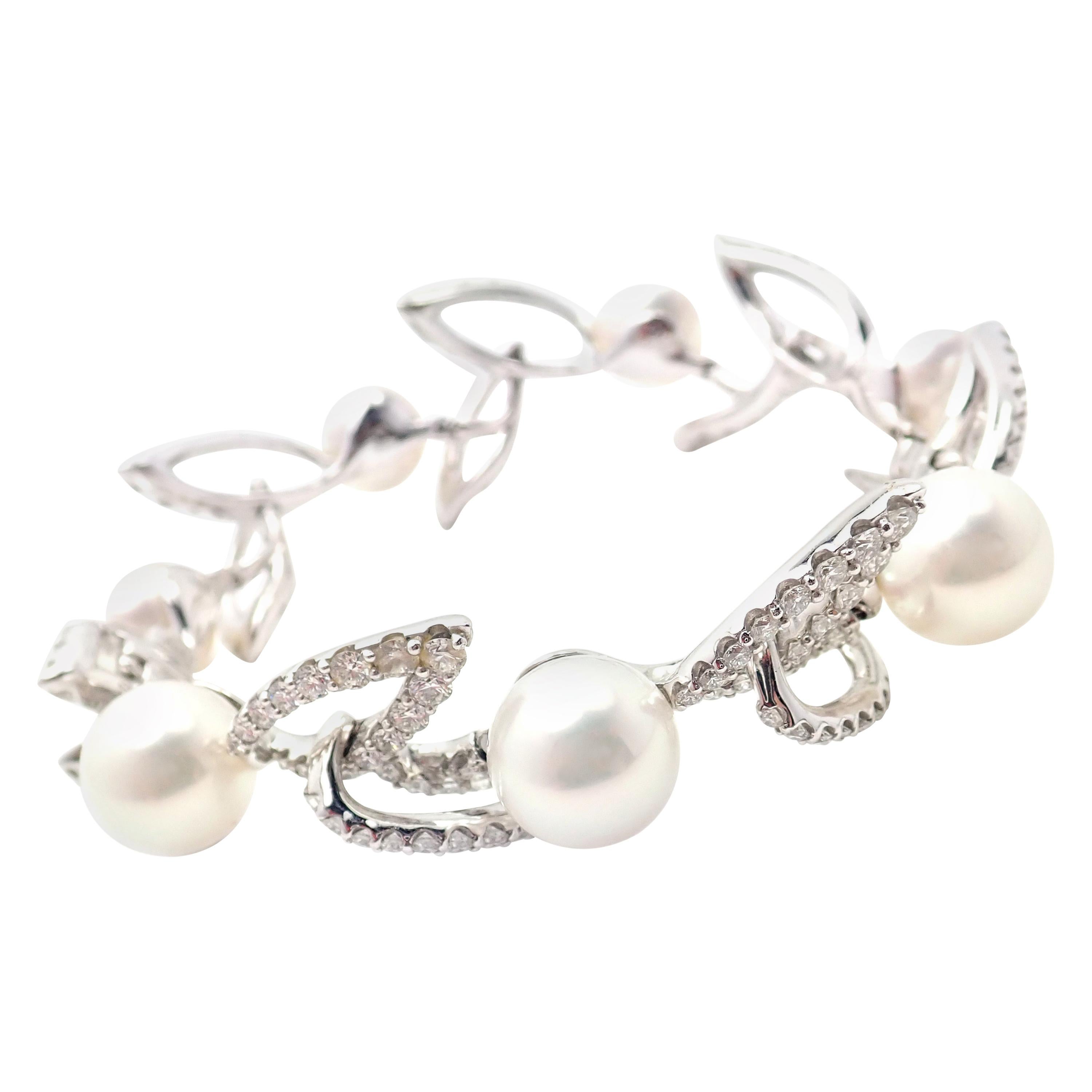 Mikimoto Diamond Cultured Pearl White Gold Link Bracelet For Sale