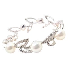 Mikimoto Diamond Cultured Pearl White Gold Link Bracelet