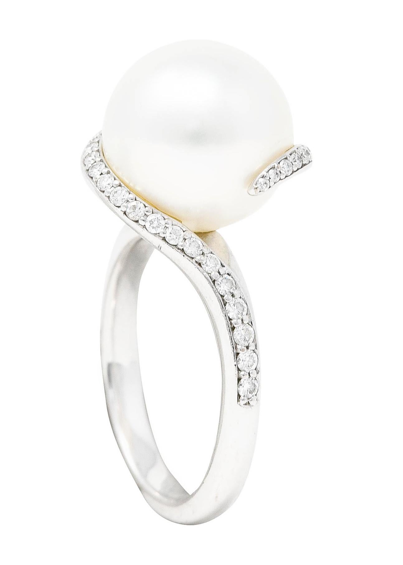 Mikimoto Diamond Cultured South Sea Pearl 18 Karat White Gold Bypass Ring 4