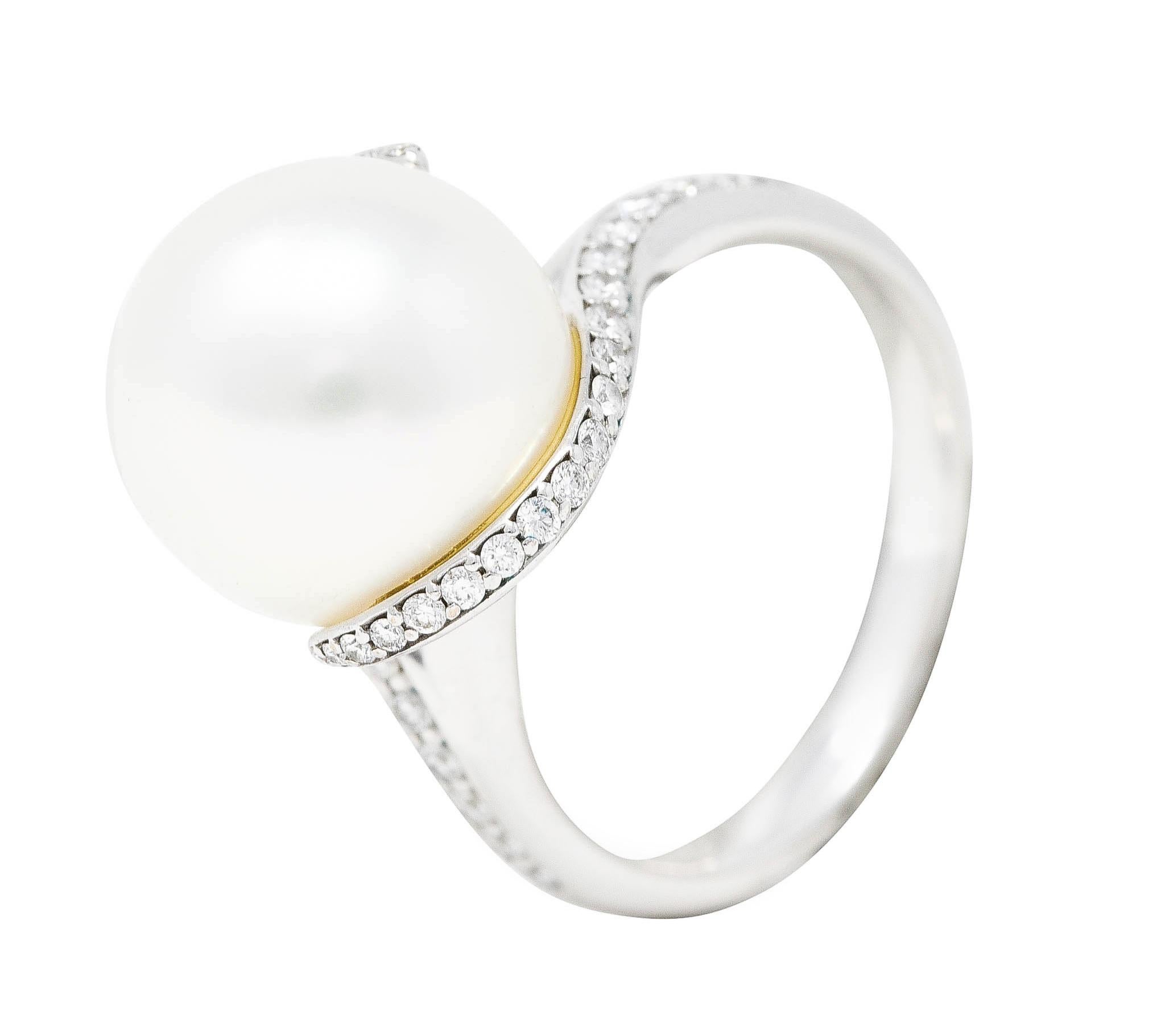 Mikimoto Diamond Cultured South Sea Pearl 18 Karat White Gold Bypass Ring 5