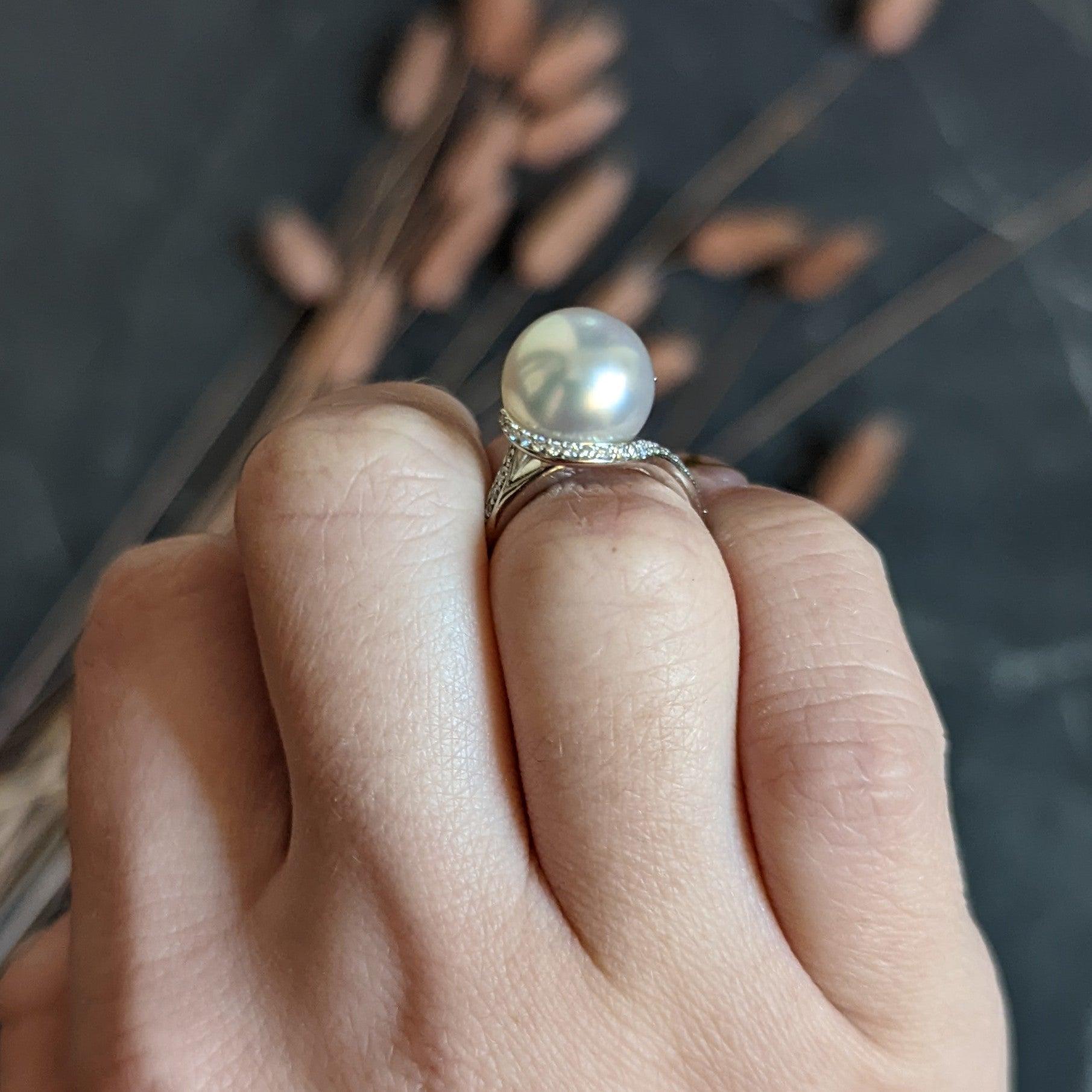 Mikimoto Diamond Cultured South Sea Pearl 18 Karat White Gold Bypass Ring 9