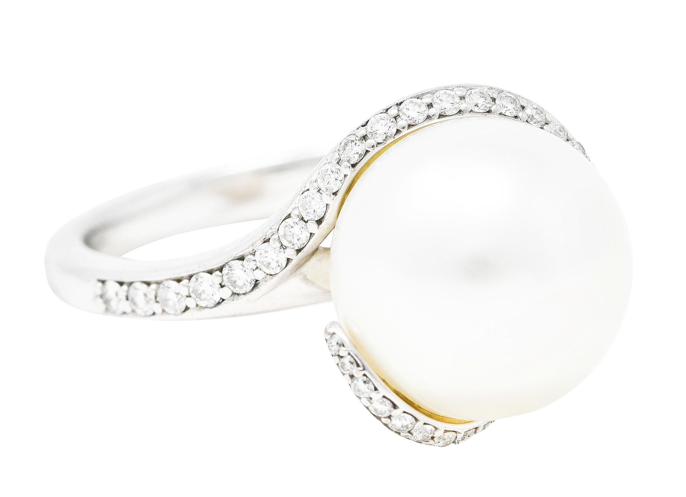 Contemporary Mikimoto Diamond Cultured South Sea Pearl 18 Karat White Gold Bypass Ring