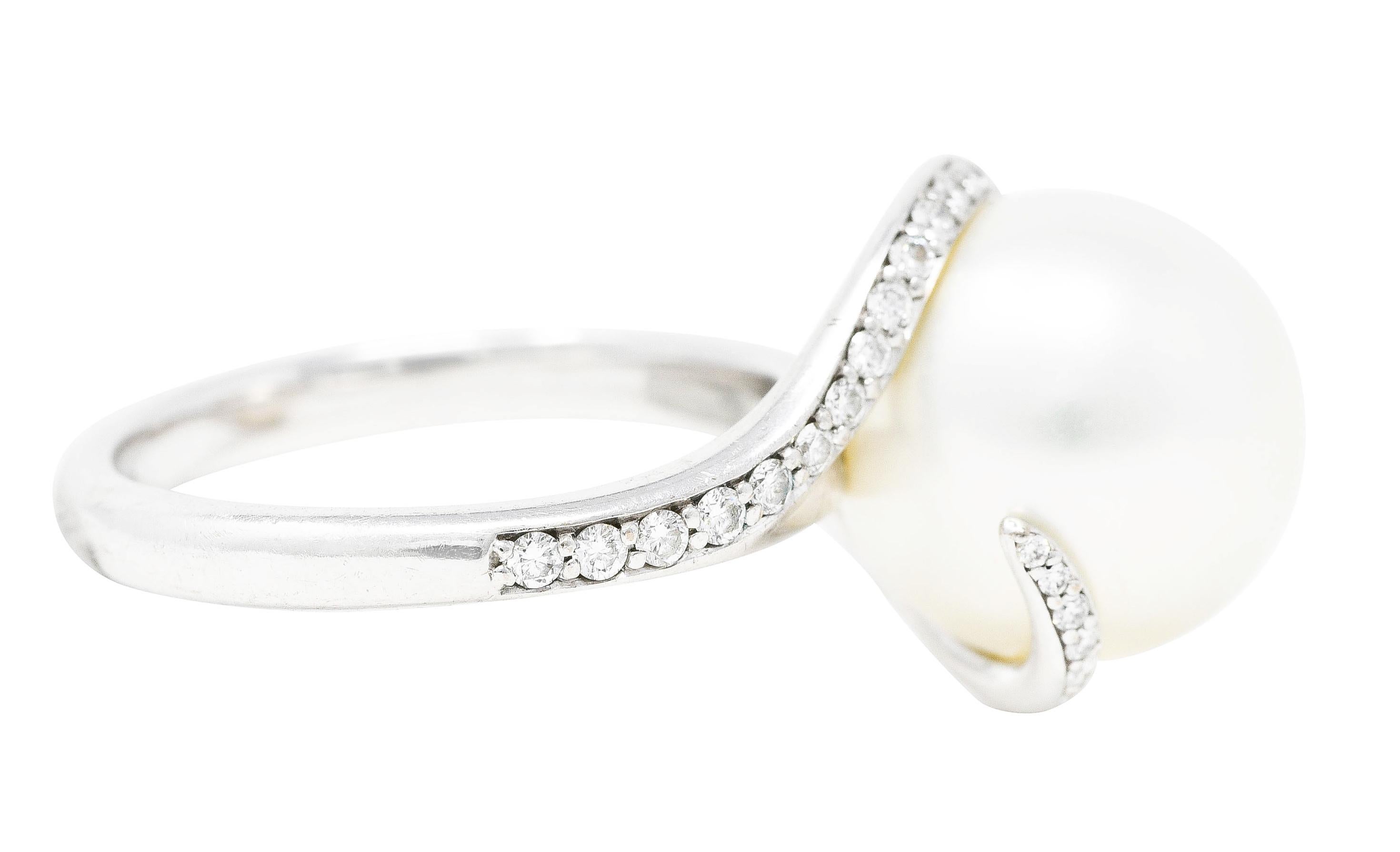 Round Cut Mikimoto Diamond Cultured South Sea Pearl 18 Karat White Gold Bypass Ring