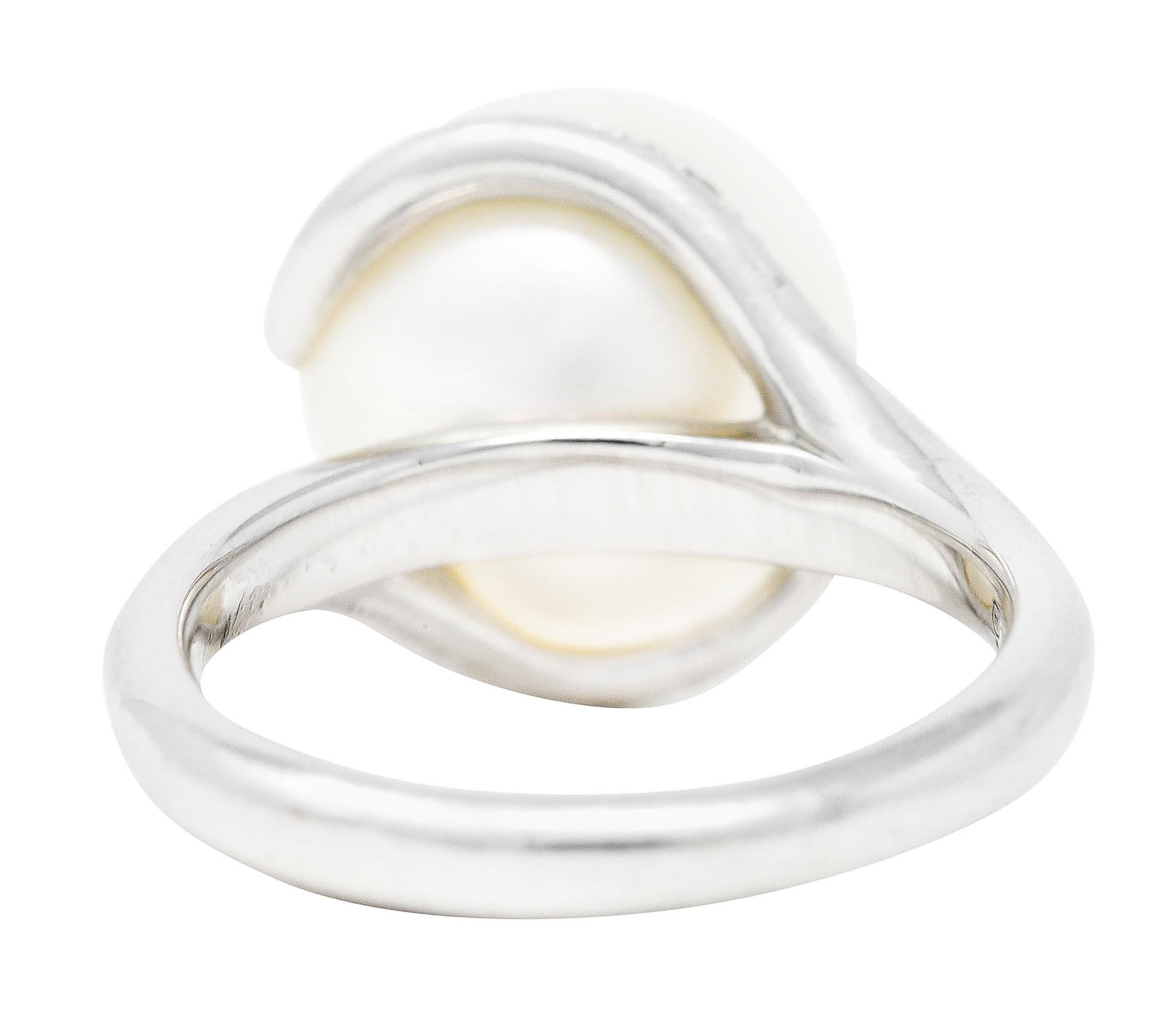 Mikimoto Diamond Cultured South Sea Pearl 18 Karat White Gold Bypass Ring In Excellent Condition In Philadelphia, PA