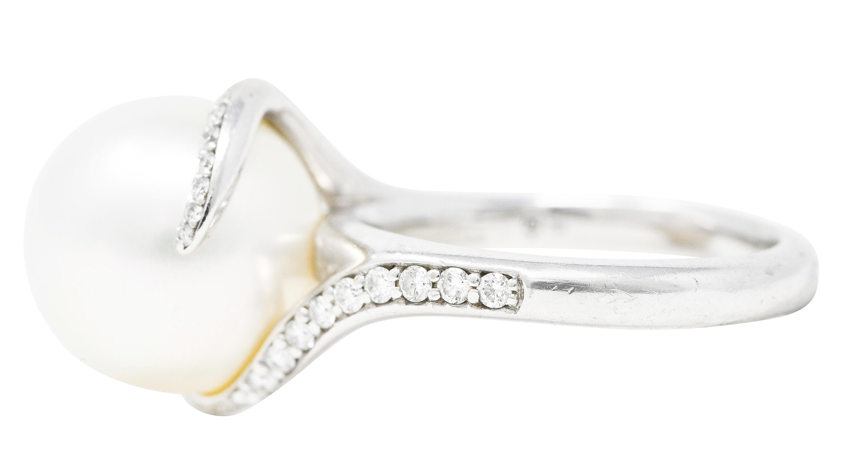 Women's or Men's Mikimoto Diamond Cultured South Sea Pearl 18 Karat White Gold Bypass Ring