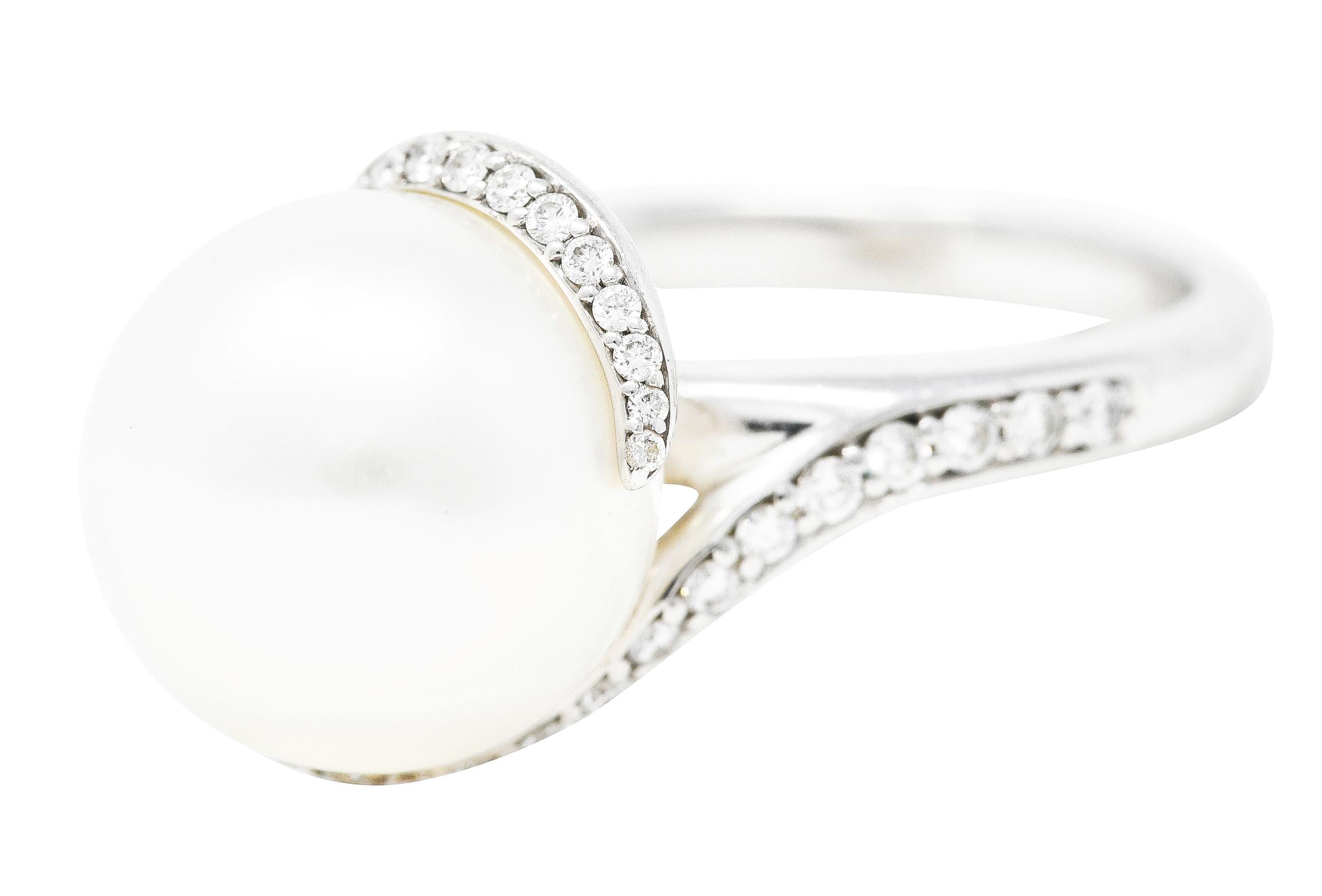 Mikimoto Diamond Cultured South Sea Pearl 18 Karat White Gold Bypass Ring 1