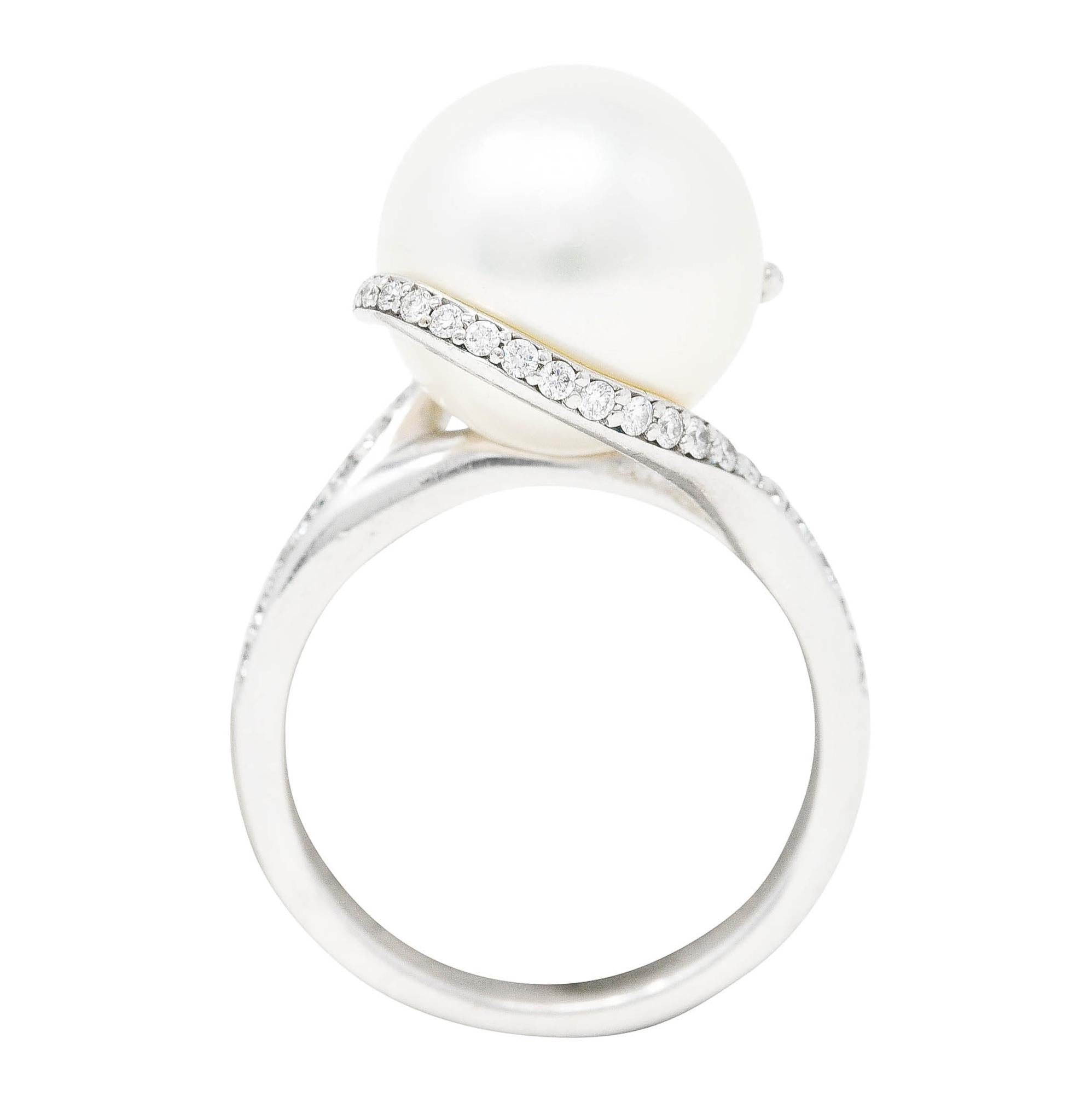 Mikimoto Diamond Cultured South Sea Pearl 18 Karat White Gold Bypass Ring 3