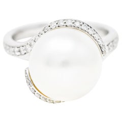Mikimoto Diamond Cultured South Sea Pearl 18 Karat White Gold Bypass Ring