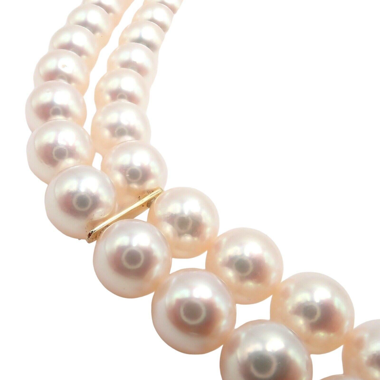 Mikimoto Diamond Double Strand 8mm Cultured Pearl Yellow Gold Necklace For Sale 3