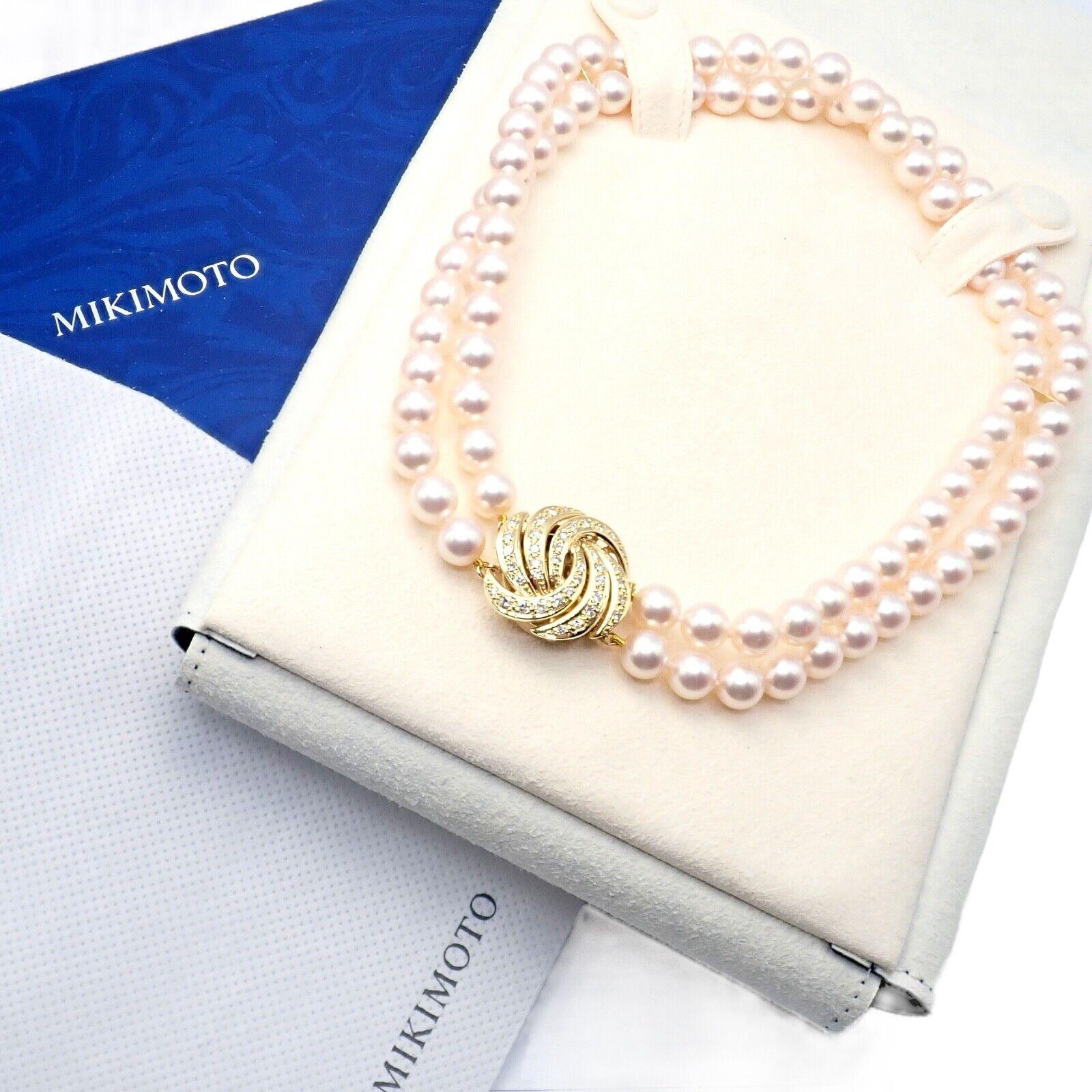 Mikimoto Diamond Double Strand 8mm Cultured Pearl Yellow Gold Necklace In Excellent Condition For Sale In Holland, PA