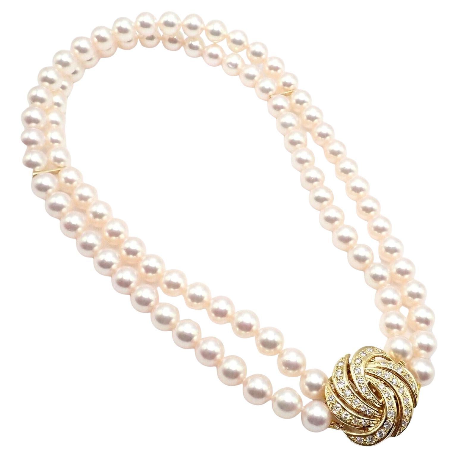 Mikimoto Diamond Double Strand 8mm Cultured Pearl Yellow Gold Necklace