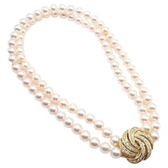 Vintage Mikimoto Diamond Double Strand 8mm Cultured Pearl Yellow Gold Necklace