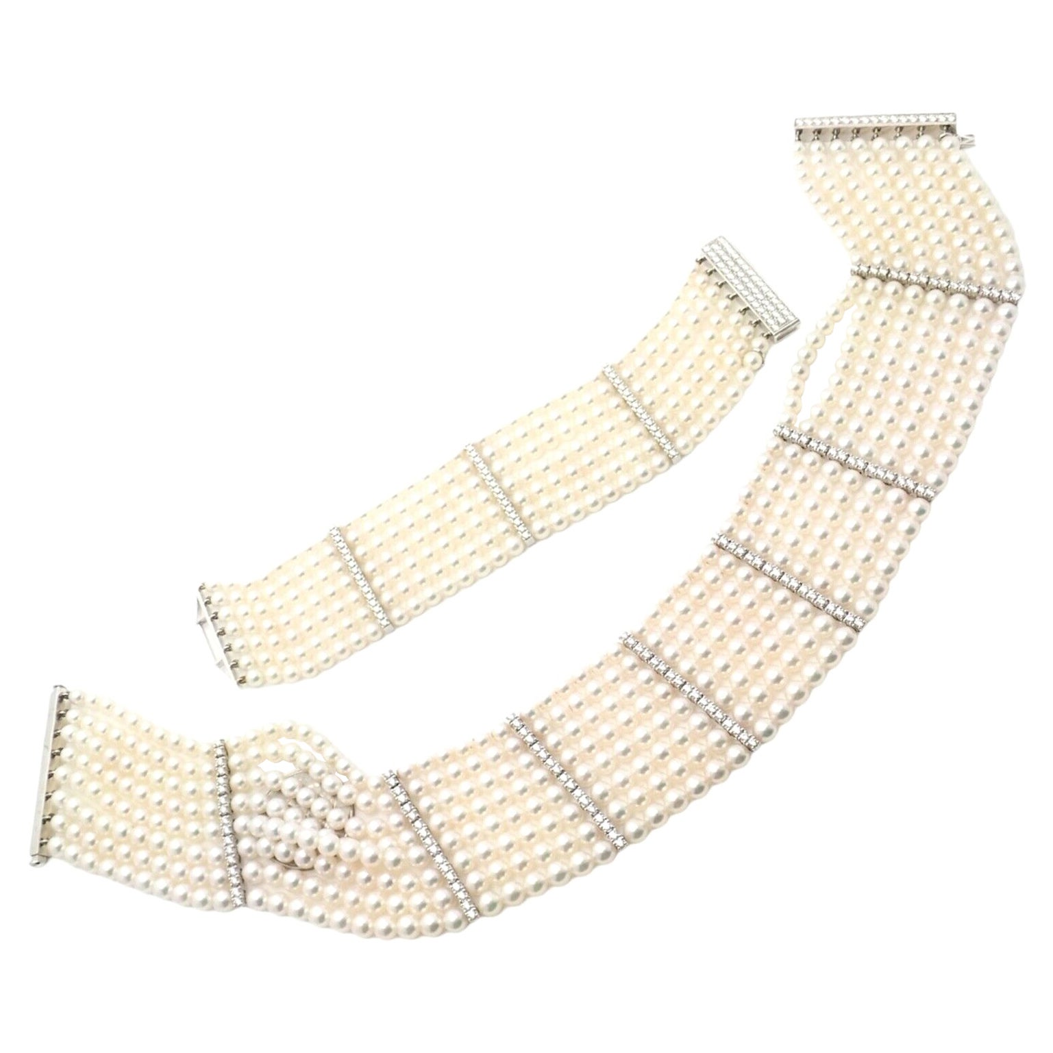 Mikimoto Diamond Eight Strand Pearl White Gold Bracelet and Necklace Set