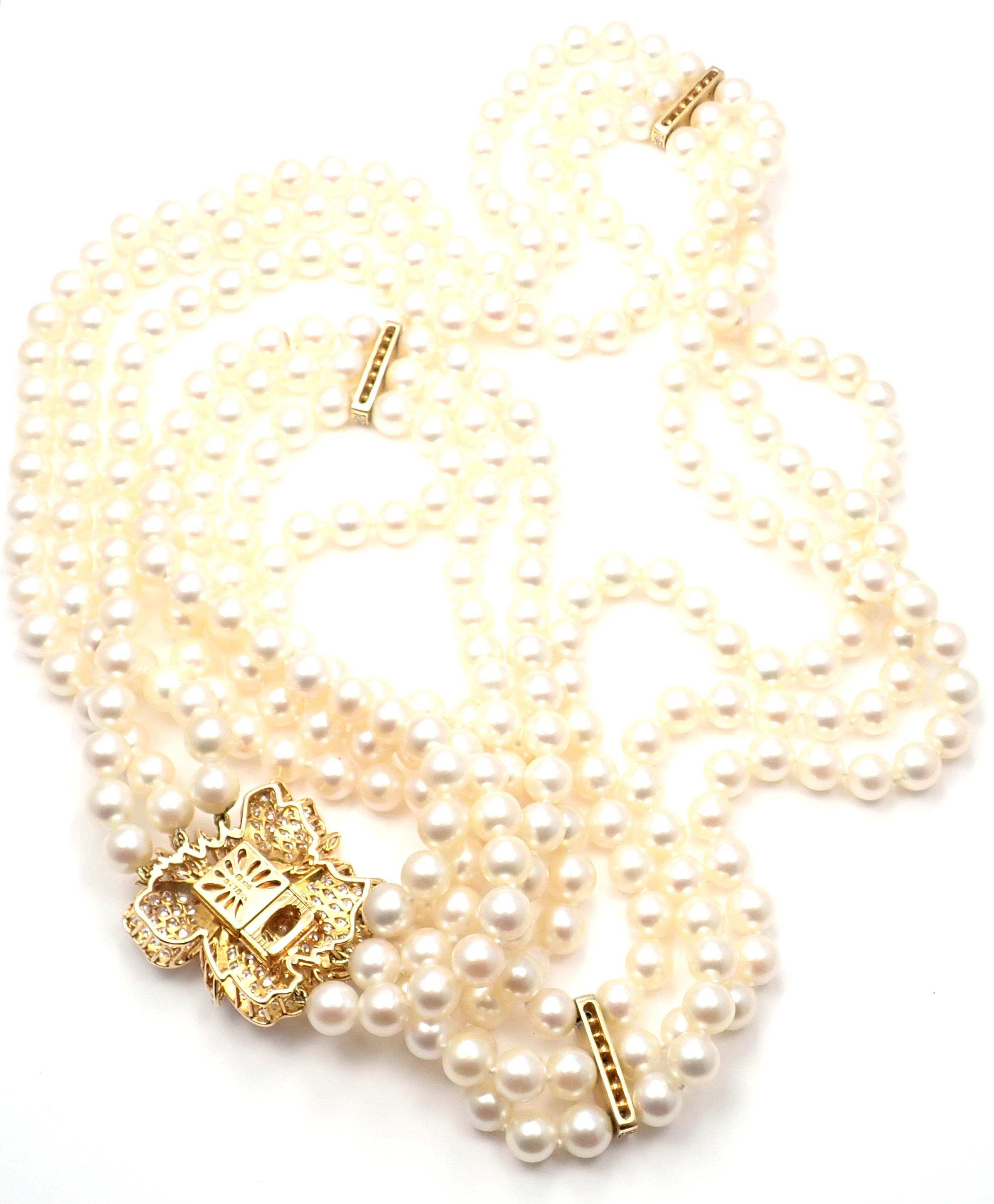 Mikimoto Diamond Flower Triple Strand Pearl Yellow Gold Necklace 3