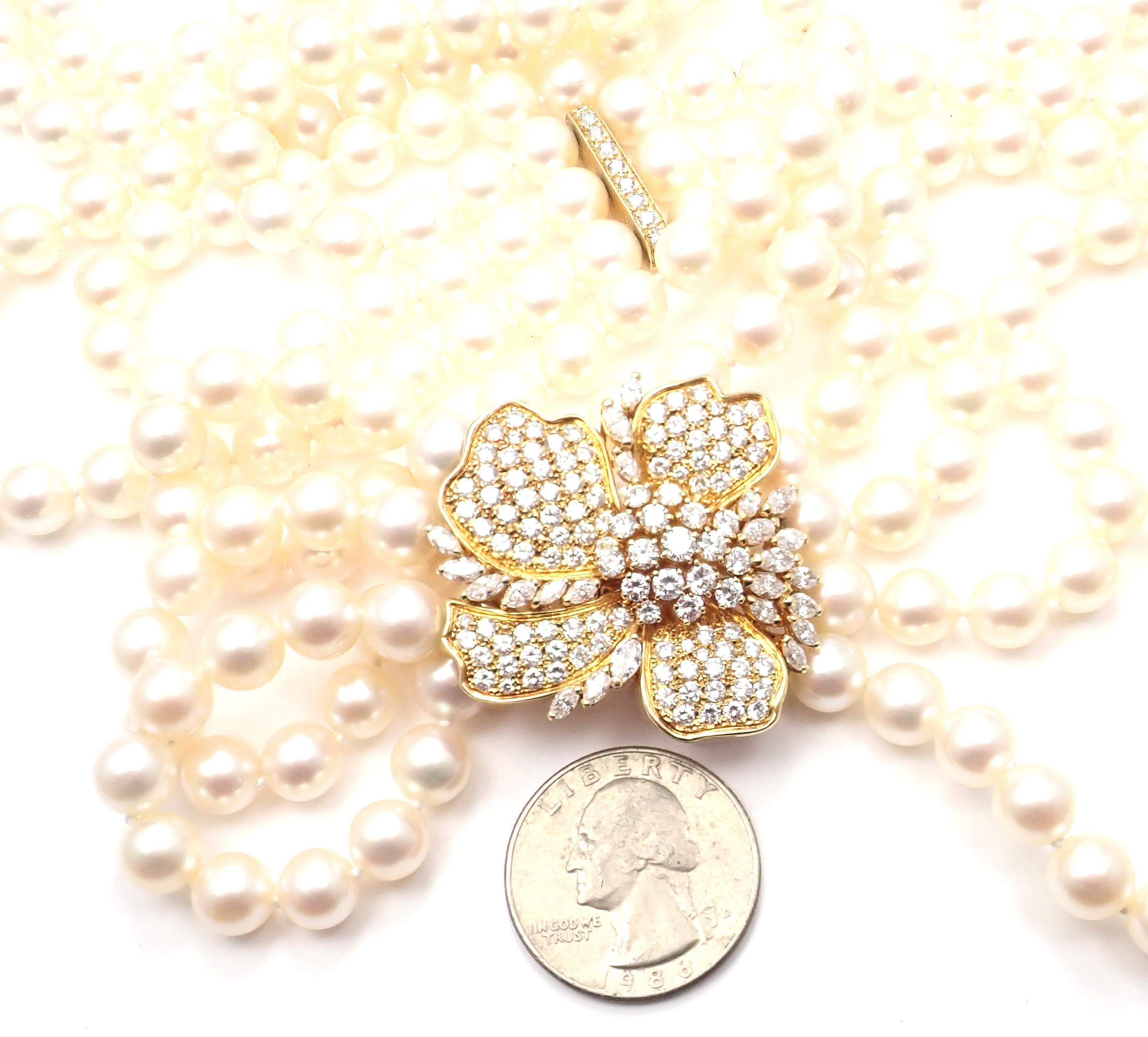 Brilliant Cut Mikimoto Diamond Flower Triple Strand Pearl Yellow Gold Necklace