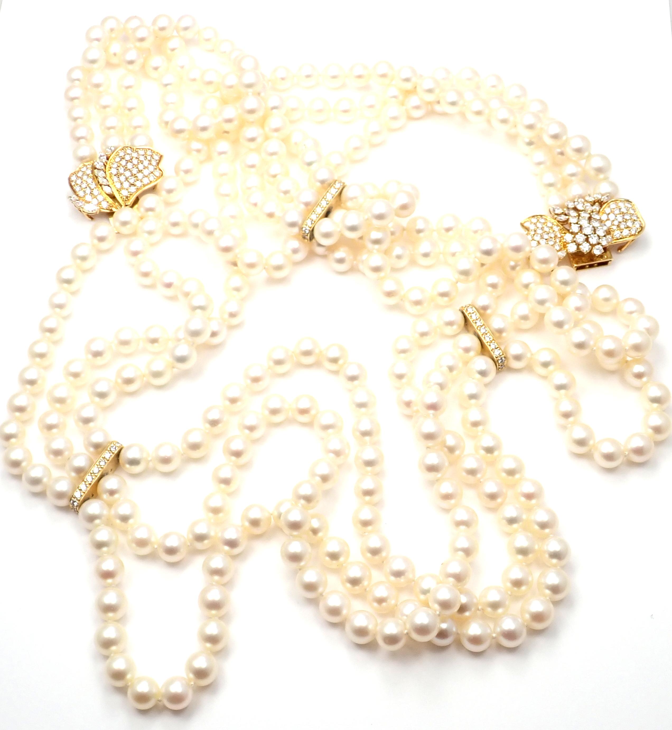 Women's or Men's Mikimoto Diamond Flower Triple Strand Pearl Yellow Gold Necklace