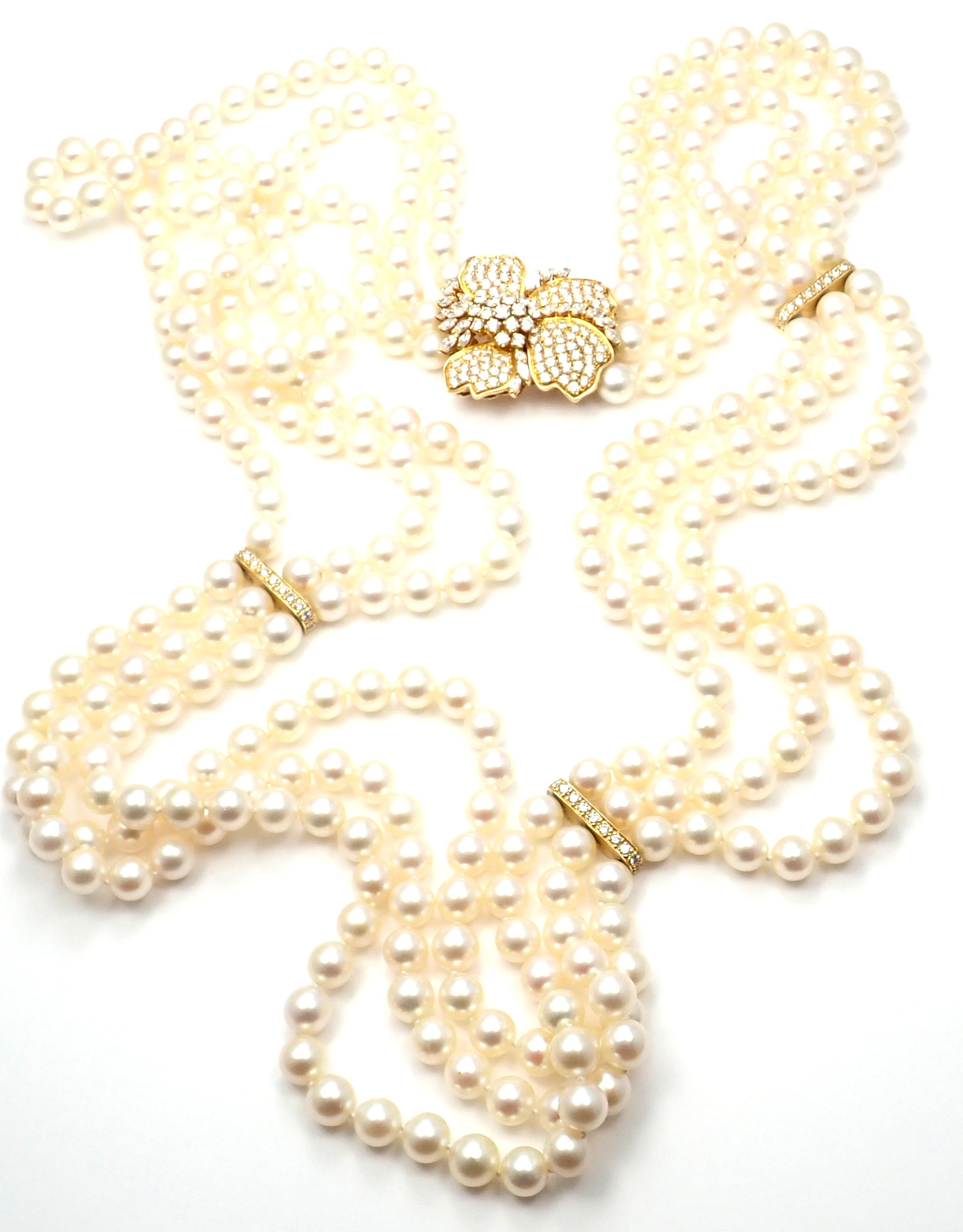 Mikimoto Diamond Flower Triple Strand Pearl Yellow Gold Necklace 1