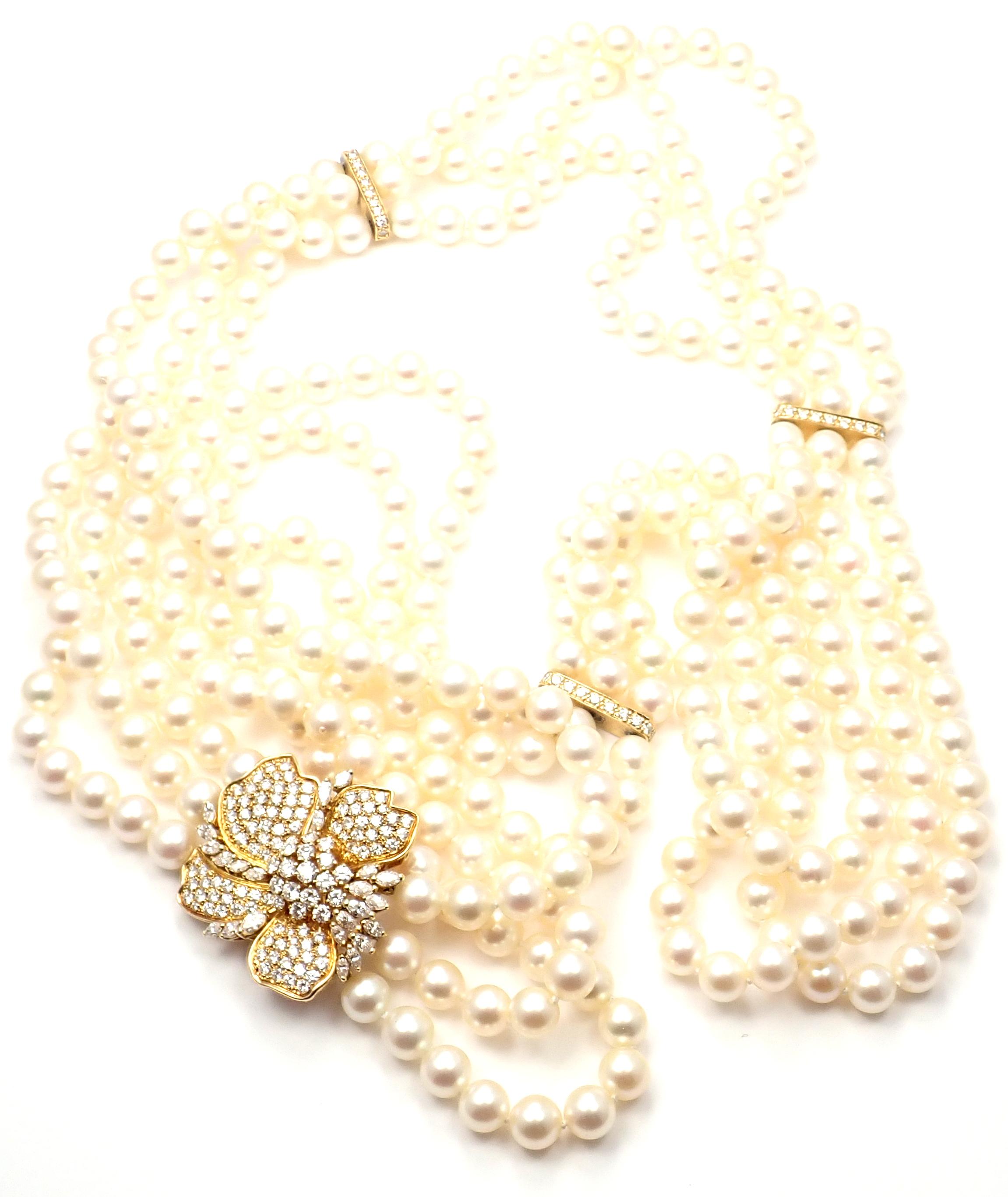 Mikimoto Diamond Flower Triple Strand Pearl Yellow Gold Necklace 2
