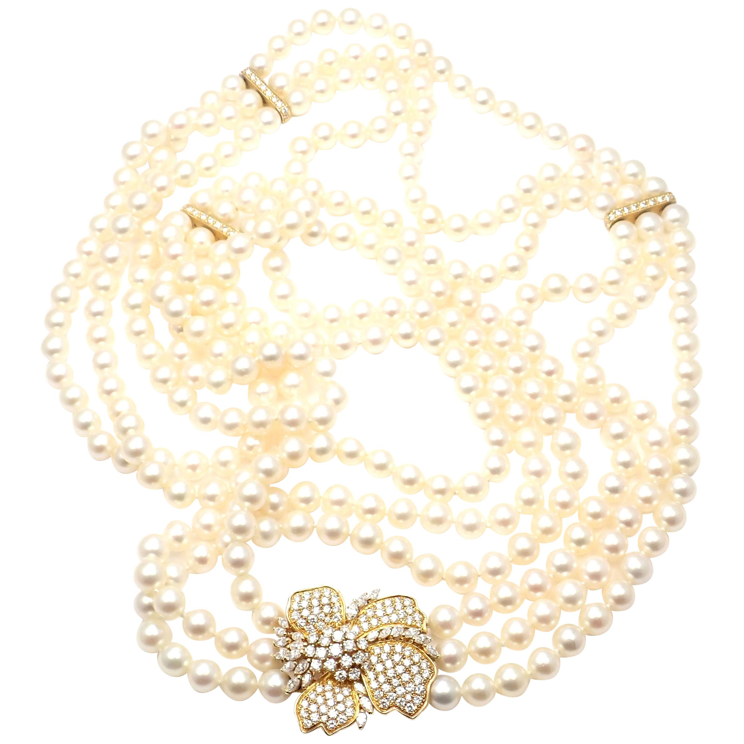 Mikimoto Diamond Flower Triple Strand Pearl Yellow Gold Necklace