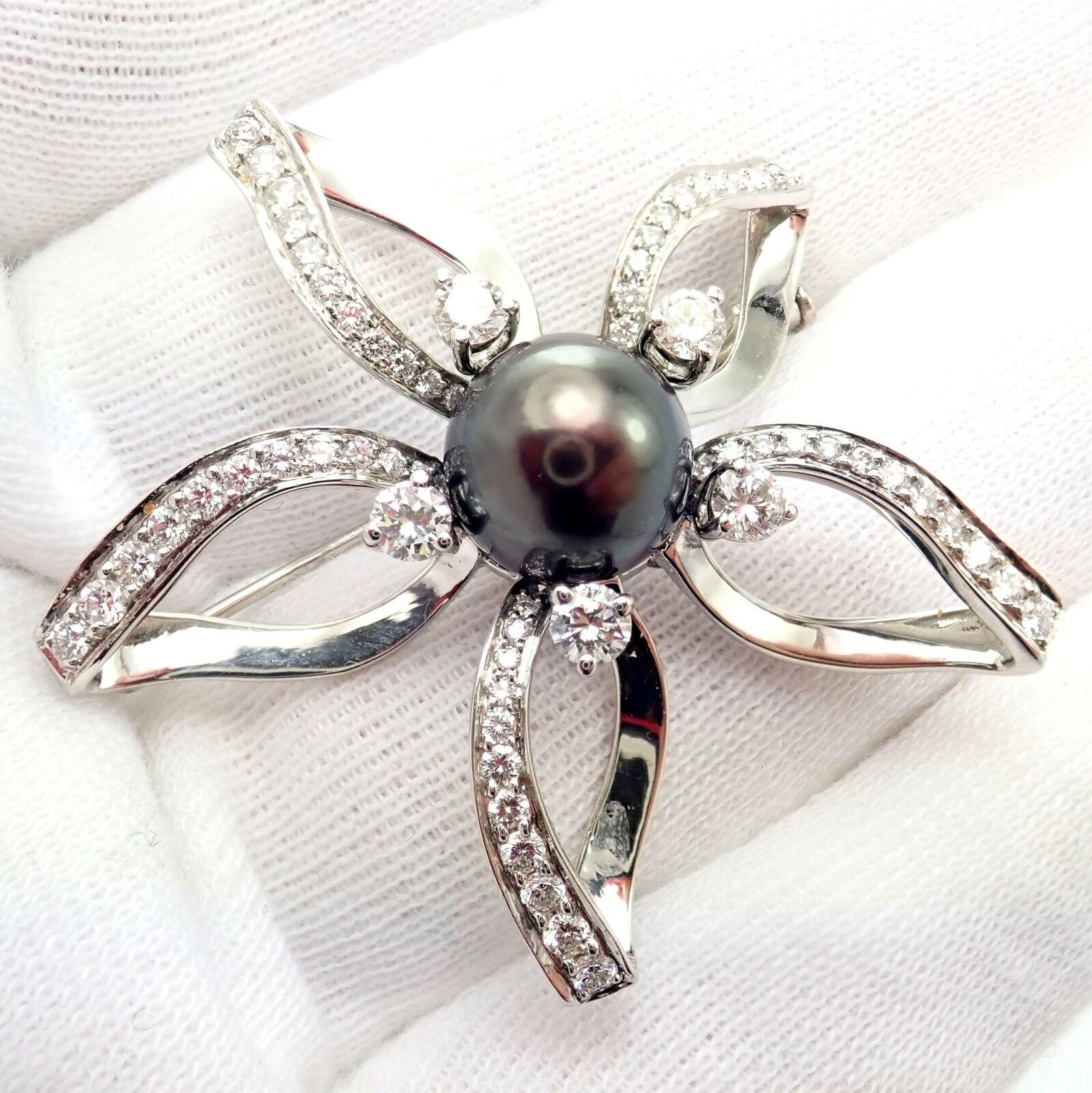 Mikimoto Diamond Large Tahitian Pearl Platinum Flower Brooch Pin In Excellent Condition For Sale In Holland, PA