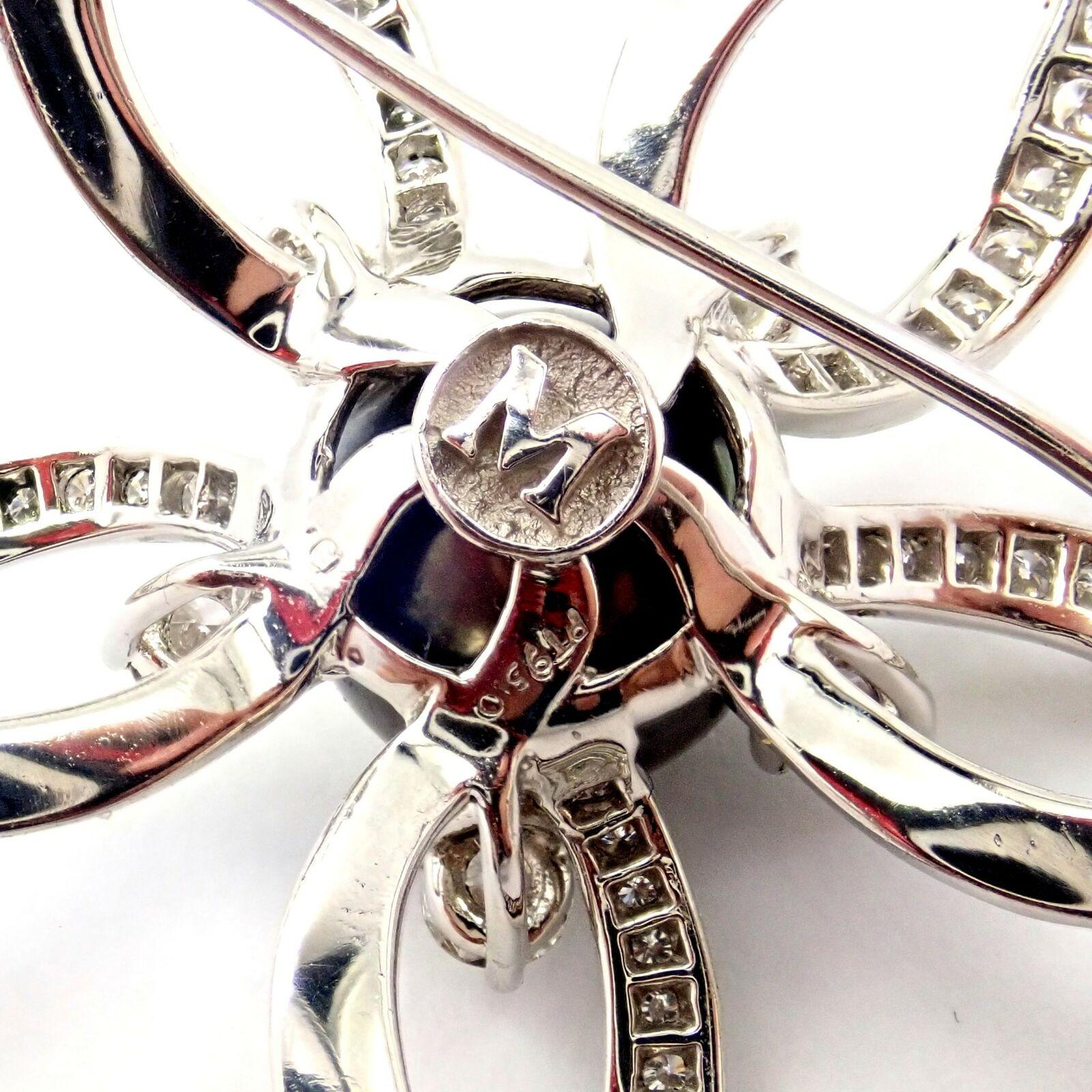 Women's or Men's Mikimoto Diamond Large Tahitian Pearl Platinum Flower Brooch Pin For Sale