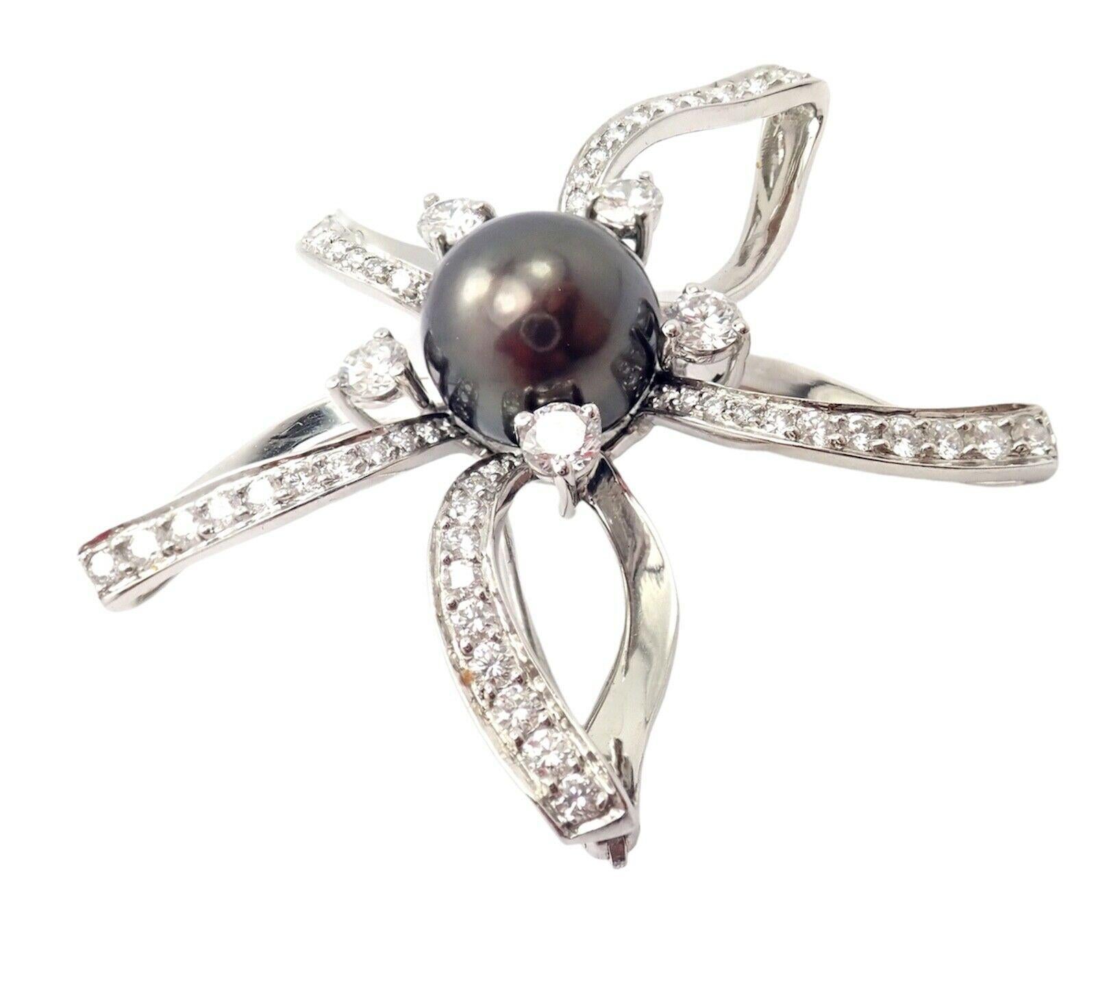 Mikimoto Diamond Large Tahitian Pearl Platinum Flower Brooch Pin For Sale 1