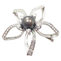 Mikimoto Diamond Large Tahitian Pearl Platinum Flower Brooch Pin